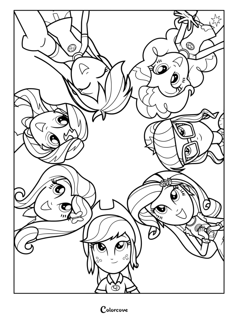 Coloriage des personnages des Humane Seven de My Little Pony Equestria Girls rassemblées en cercle