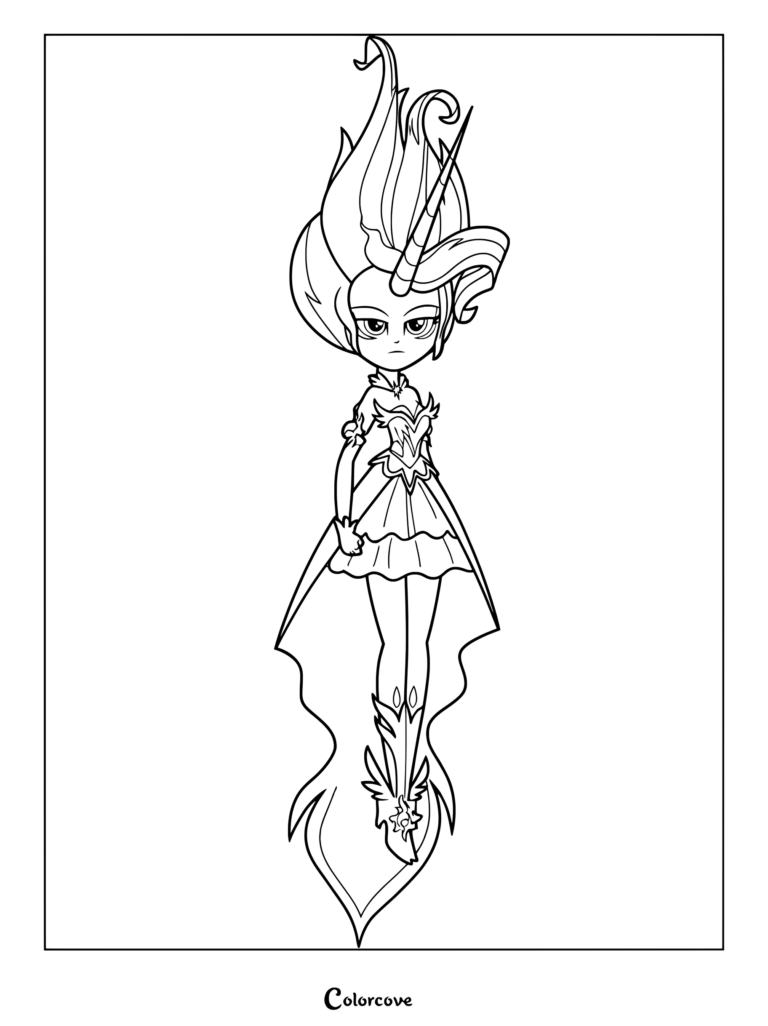Coloriage à imprimer de Daydream Shimmer, la forme angélique de Sunset Shimmer dans My Little Pony Equestria Girls Jeux de l'Amitié, avec sa coiffure à cornes et sa tenue fluide