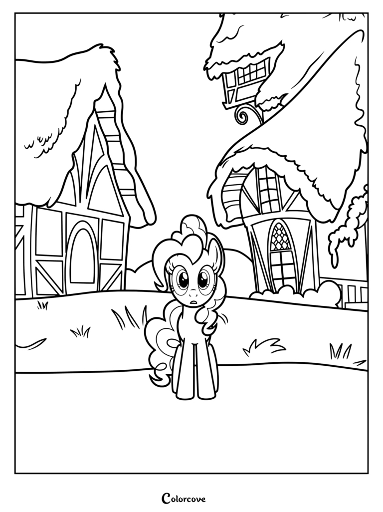 Coloriage de Pinkie Pie de My Little Pony debout dans Ponyville avec une expression stupéfaite