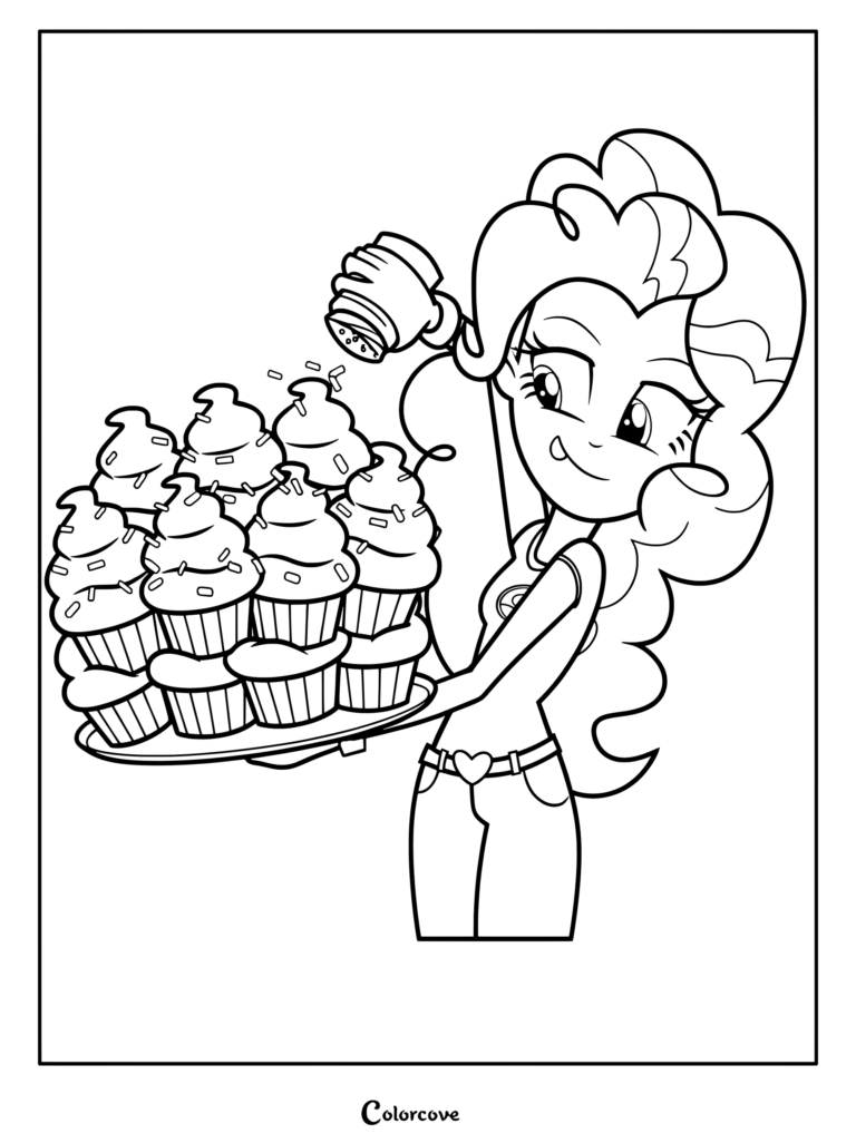 Coloriage de Pinkie Pie de My Little Pony Equestria Girls tenant un plateau de cupcakes au glaçage bleu parsemés de pépites colorées.
