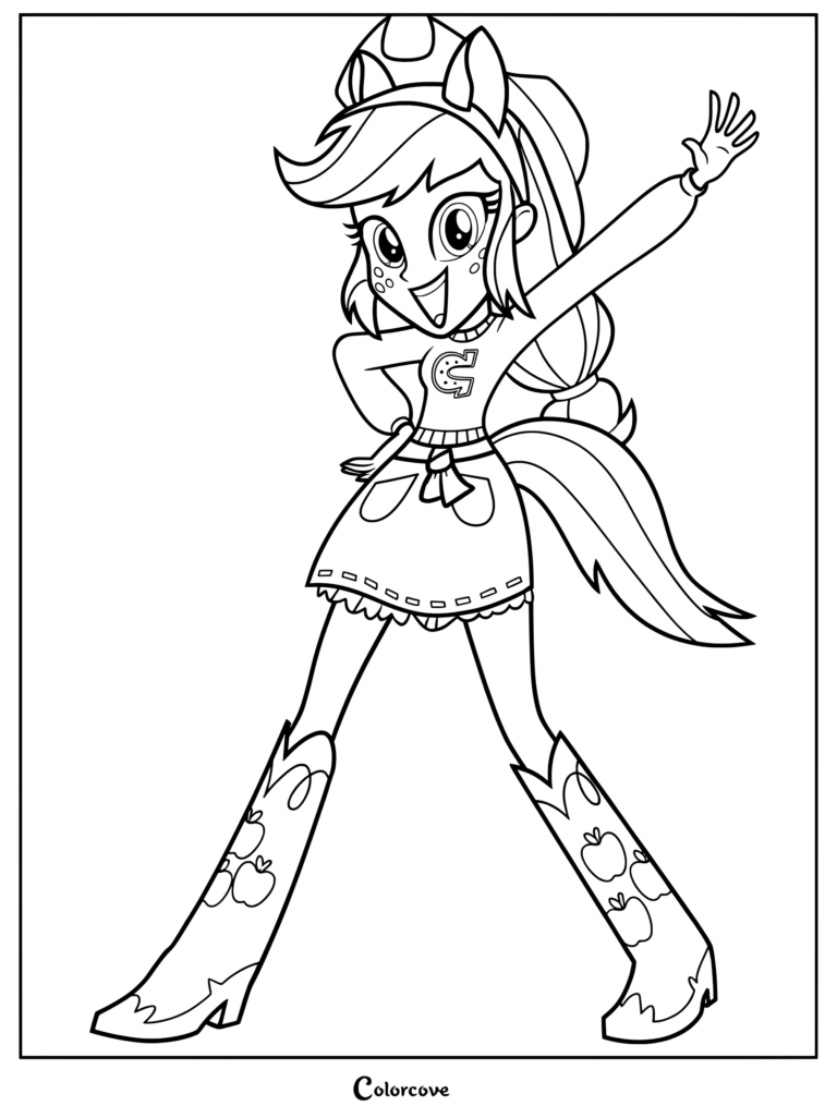 Coloriage des contours d'Applejack de la franchise My Little Pony Equestria Girls saluant joyeusement de la main