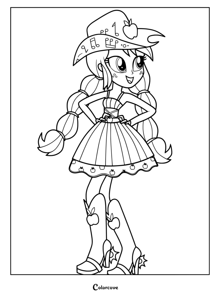 Coloriage d'Applejack de My Little Pony Equestria Girls portant une tenue rustique avec un chapeau de cow-boy et des bottes marron