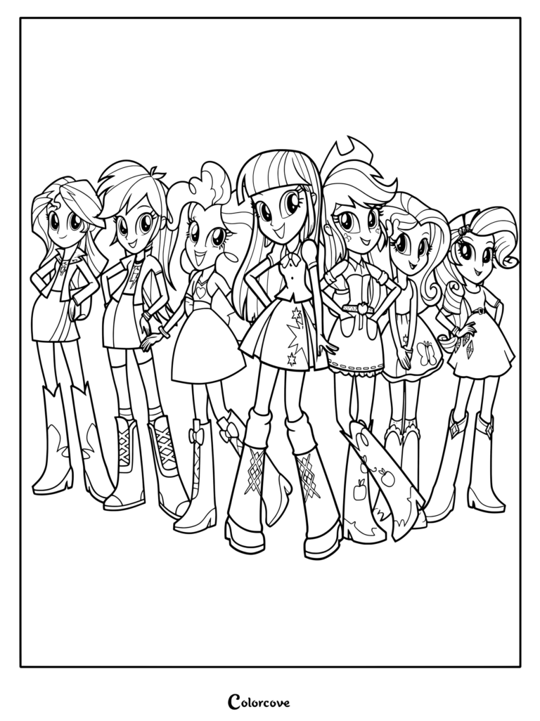 Coloriage de My Little Pony Equestria Girls mettant en scène les personnages principaux, dont Twilight Sparkle et Sunset Shimmer