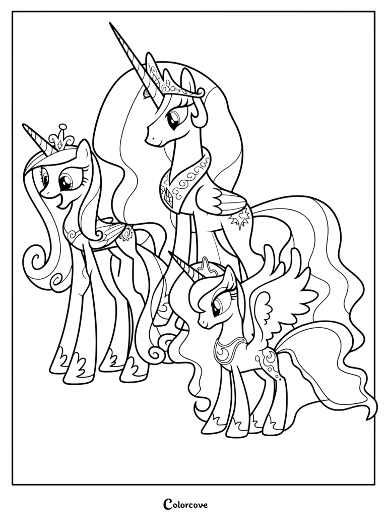 Page de coloriage de Princesse Celestia, Princesse Luna et Princesse Cadance représentant trois princesses alicornes de My Little Pony