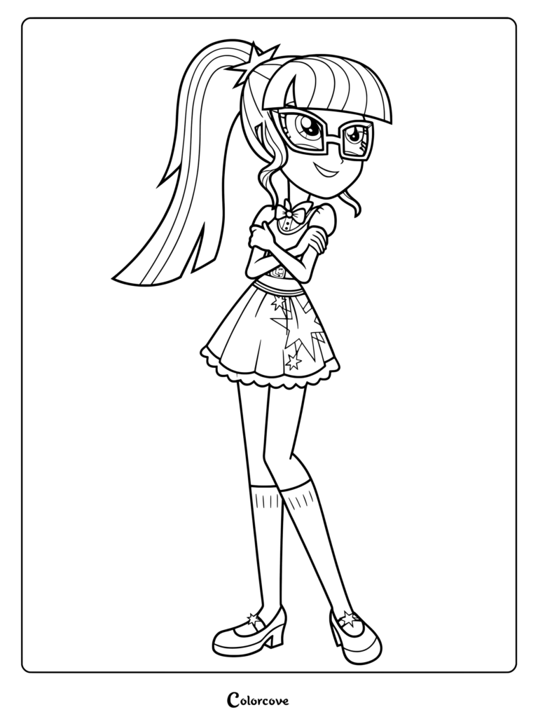 Coloriage de Twilight Sparkle (Sci-Twi) de la franchise My Little Pony Equestria Girls, caractérisée par ses lunettes noires emblématiques et sa queue de cheval violette aux mèches roses