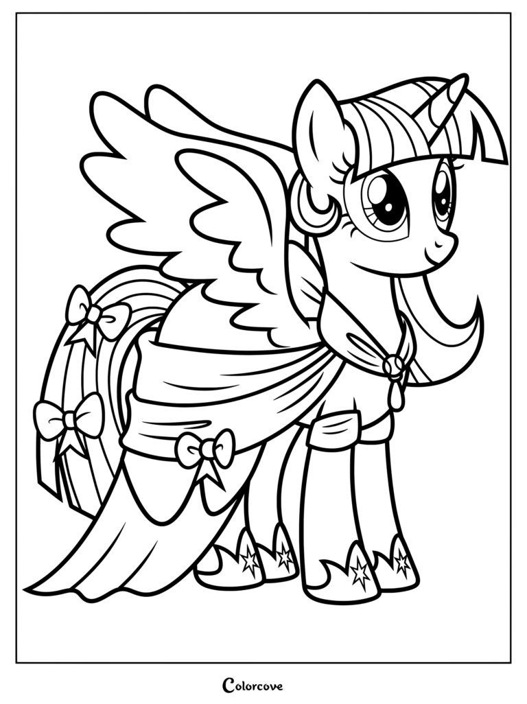 Coloriage de Twilight Sparkle de My Little Pony portant une robe de couronnement rose et jaune