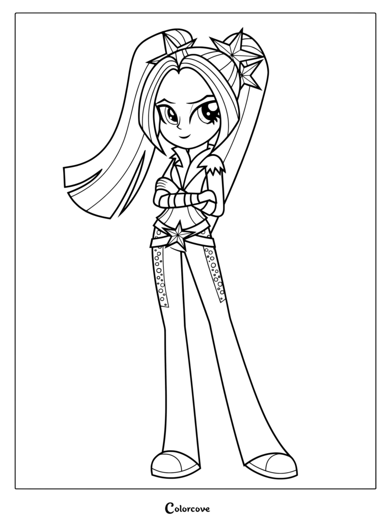 Coloriage d'Aria Blaze de My Little Pony Equestria Girls la montrant debout, les bras croisés et portant des pinces à cheveux en forme d'étoile
