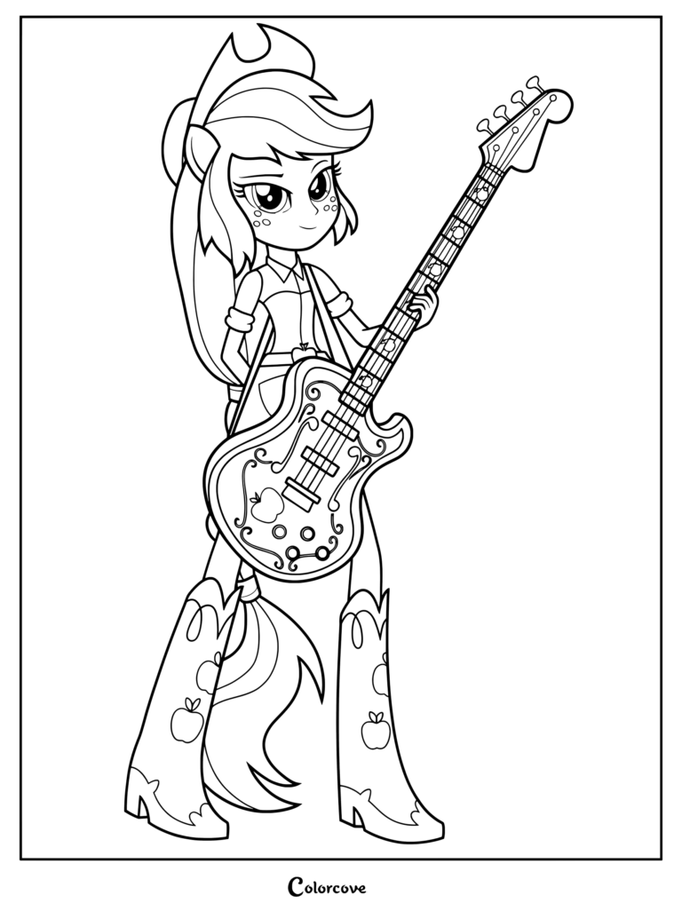 Coloriage détaillé d'Applejack de My Little Pony Equestria Girls tenant sa basse emblématique