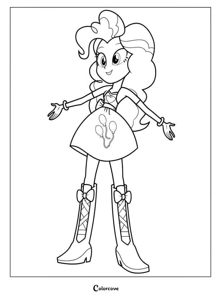 Coloriage à imprimer de Pinkie Pie de la franchise My Little Pony Equestria Girls avec des bottes et une robe à ballons