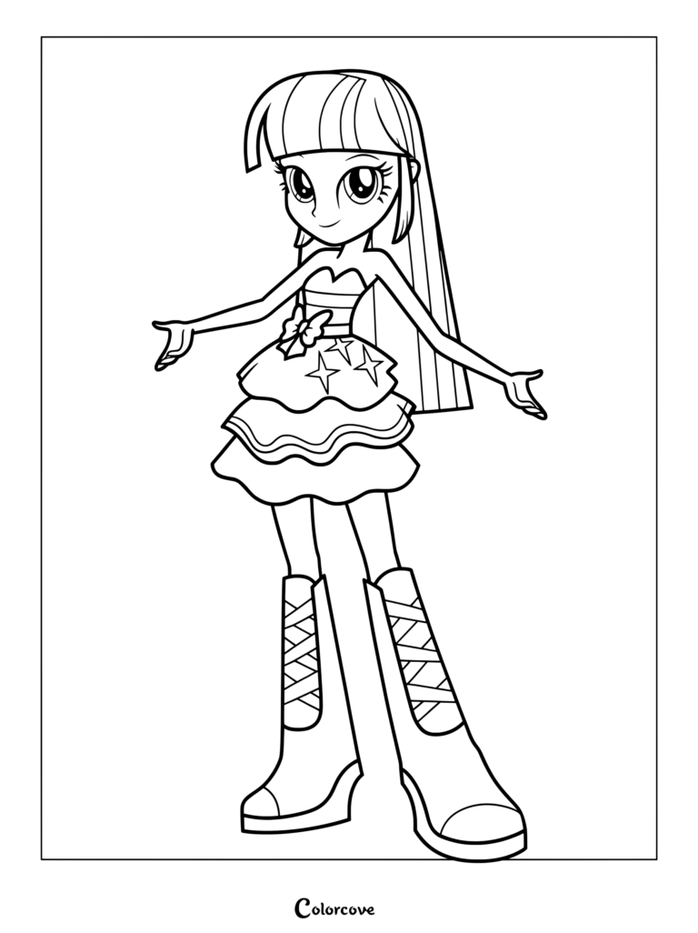 Coloriage de Twilight Sparkle de My Little Pony Equestria Girls dans sa robe du Bal d'Automne sous sa forme poney avec des ailes magiques et des oreilles de poney