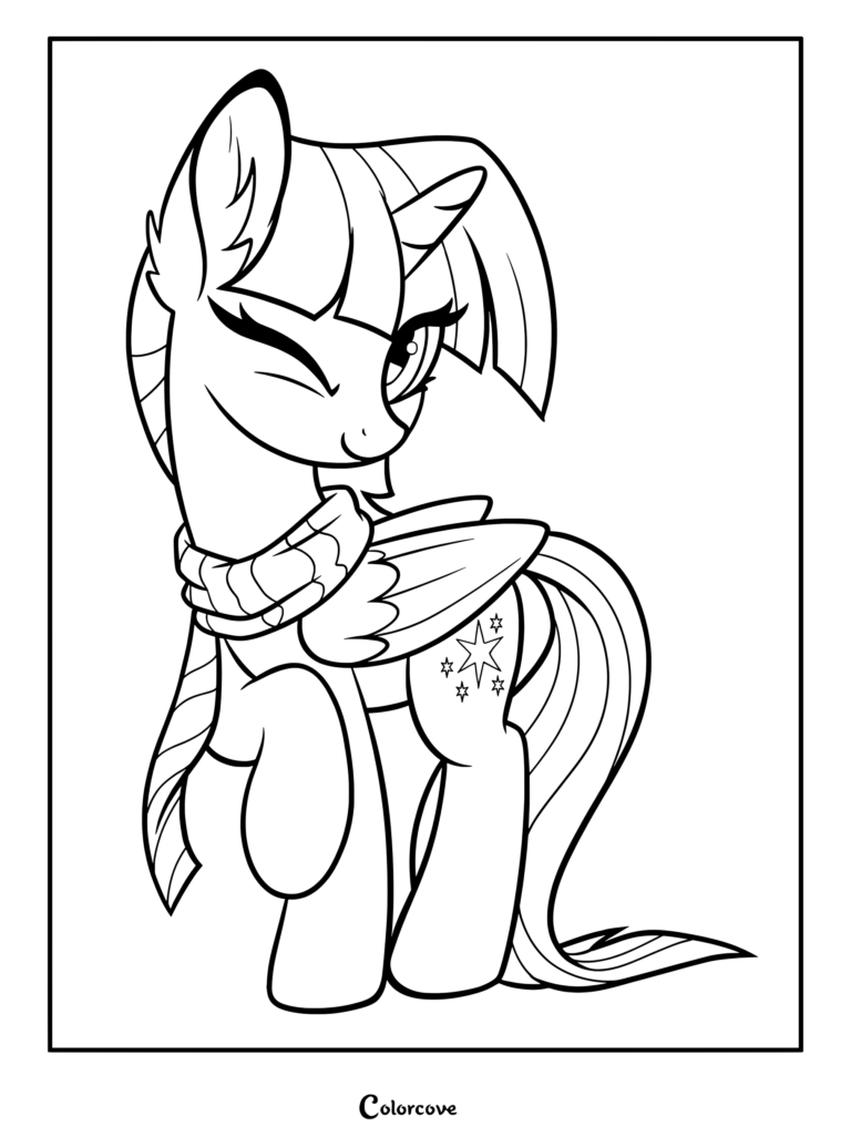Coloriage de Twilight Sparkle de la série My Little Pony portant une écharpe rayée et faisant un clin d'œil