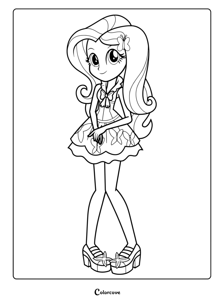 Coloriage de Fluttershy de My Little Pony Equestria Girls Jeux de l'Amitié la présentant dans une robe papillon