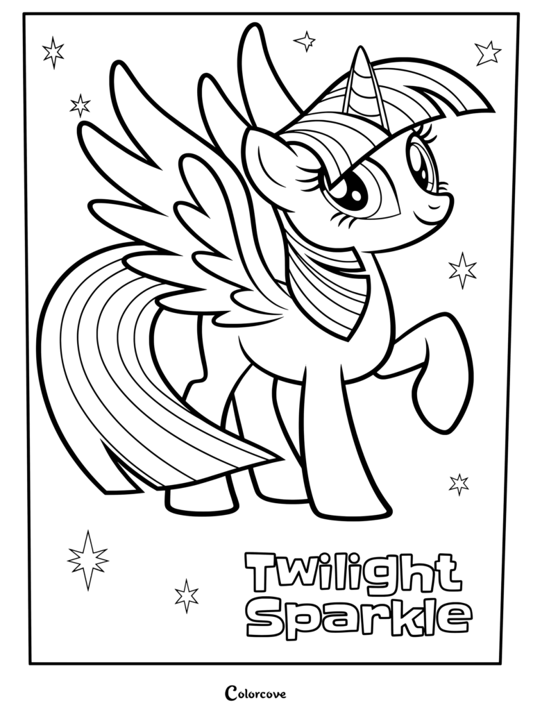 Coloriage à imprimer de Twilight Sparkle, l'alicorne ailée dotée d'une corne entourée d'étoiles.