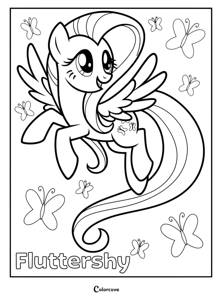 Coloriage de Fluttershy de My Little Pony entourée de papillons en vol