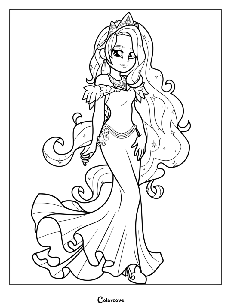 Coloriage de Princesse Celestia dans sa forme humaine Equestria Girls portant une robe élégante et une couronne