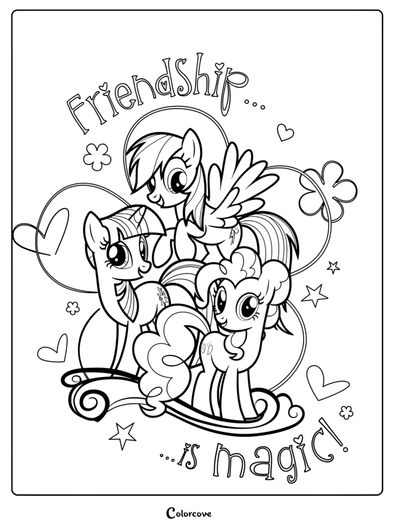 Page de coloriage avec Twilight Sparkle, Rainbow Dash et Pinkie Pie posant ensemble avec le texte « Friendship is Magic »