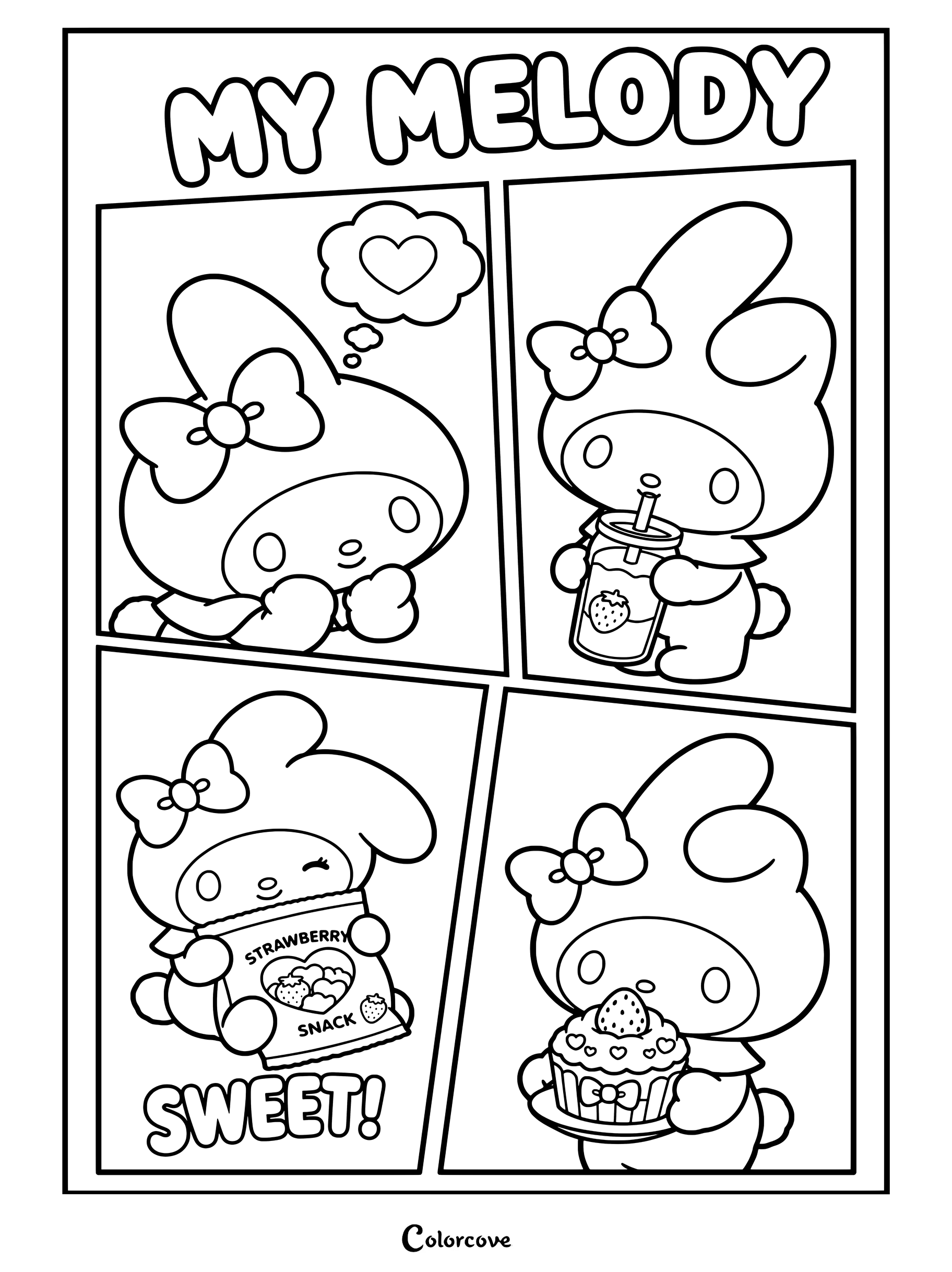 Dibujo para colorear en tira cómica de My Melody con cuatro viñetas de bebidas y meriendas de fresa.