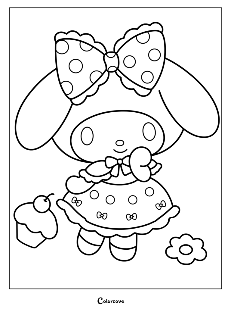 Dibujo para colorear de My Melody vistiendo un vestido rosa a lunares con un lazo grande a juego en su capuchón, acompañada de un panquecito y una flor.