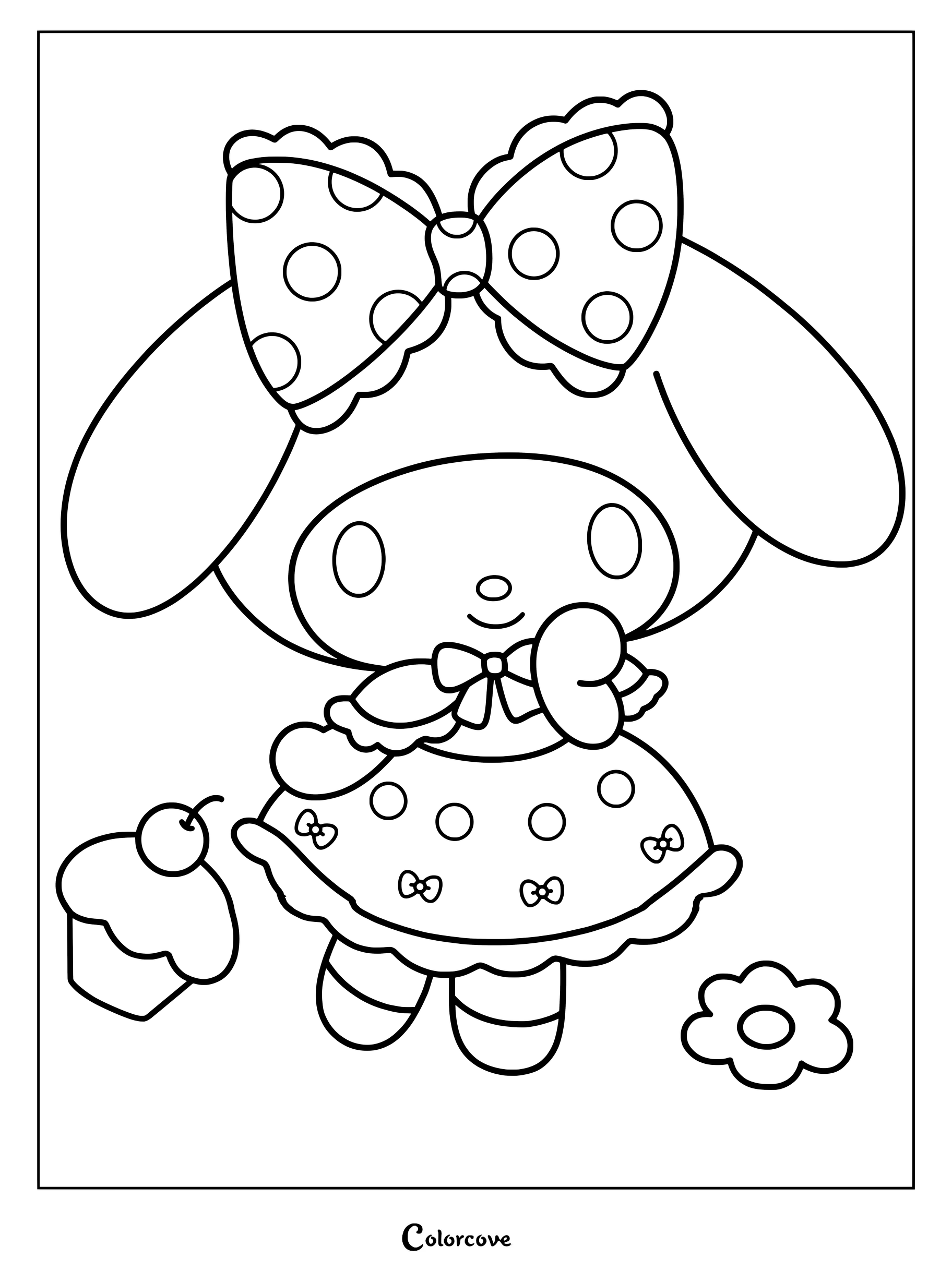 Dibujo para colorear de My Melody vistiendo un vestido rosa a lunares con un lazo grande a juego en su capuchón, acompañada de un panquecito y una flor.