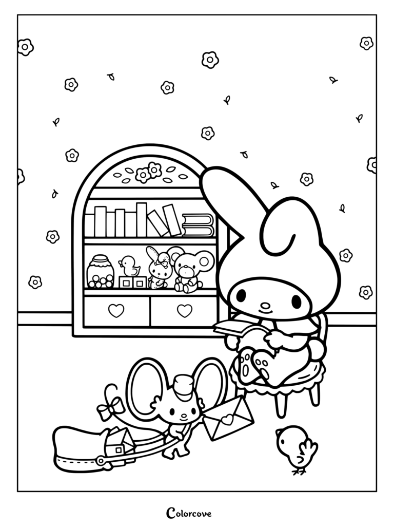 Dibujo para colorear de My Melody leyendo un libro en una acogedora habitación rosa, acompañada por su amigo Flat el ratón.