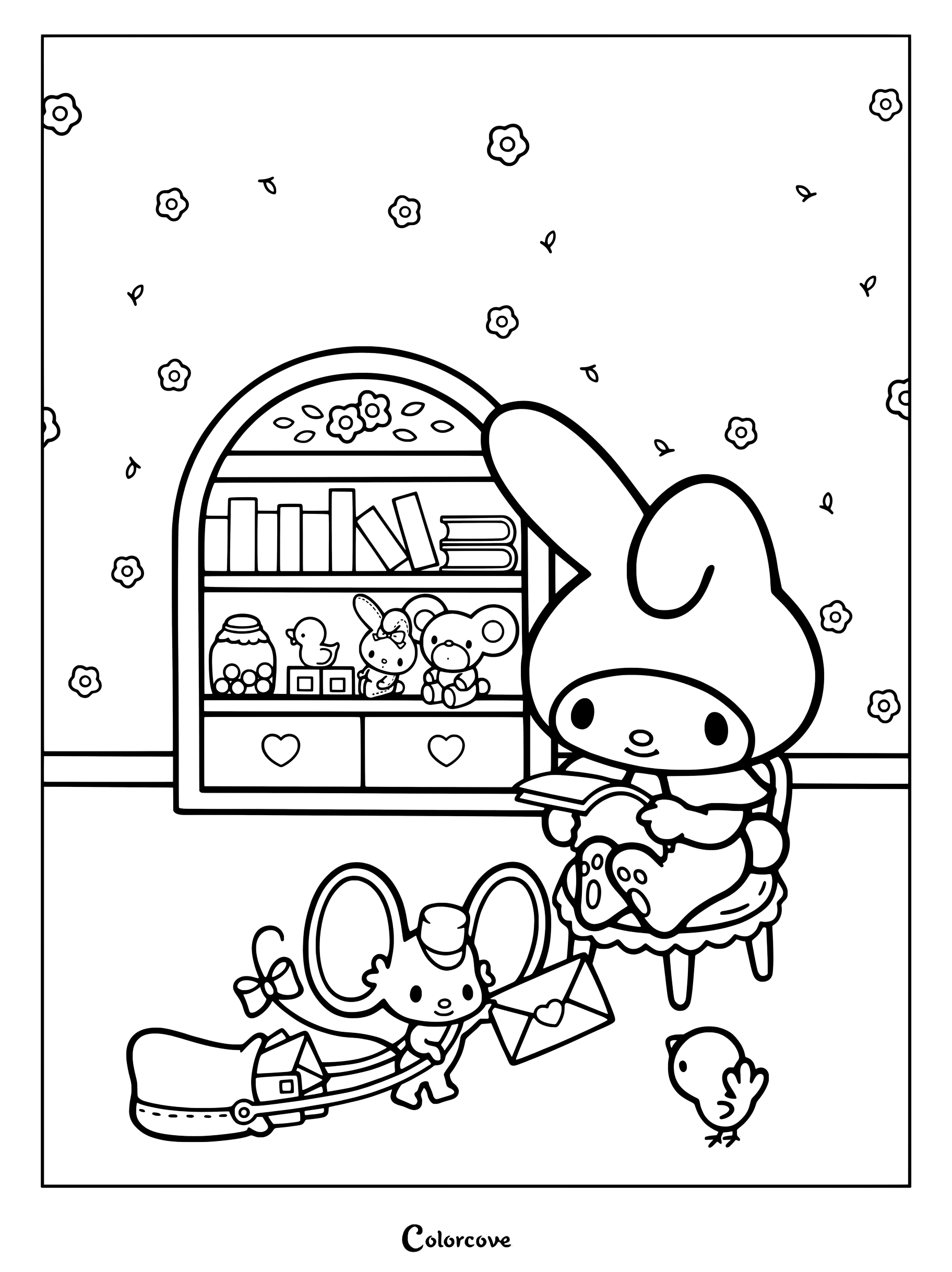 Dibujo para colorear de My Melody leyendo un libro en una acogedora habitación rosa, acompañada por su amigo Flat el ratón.