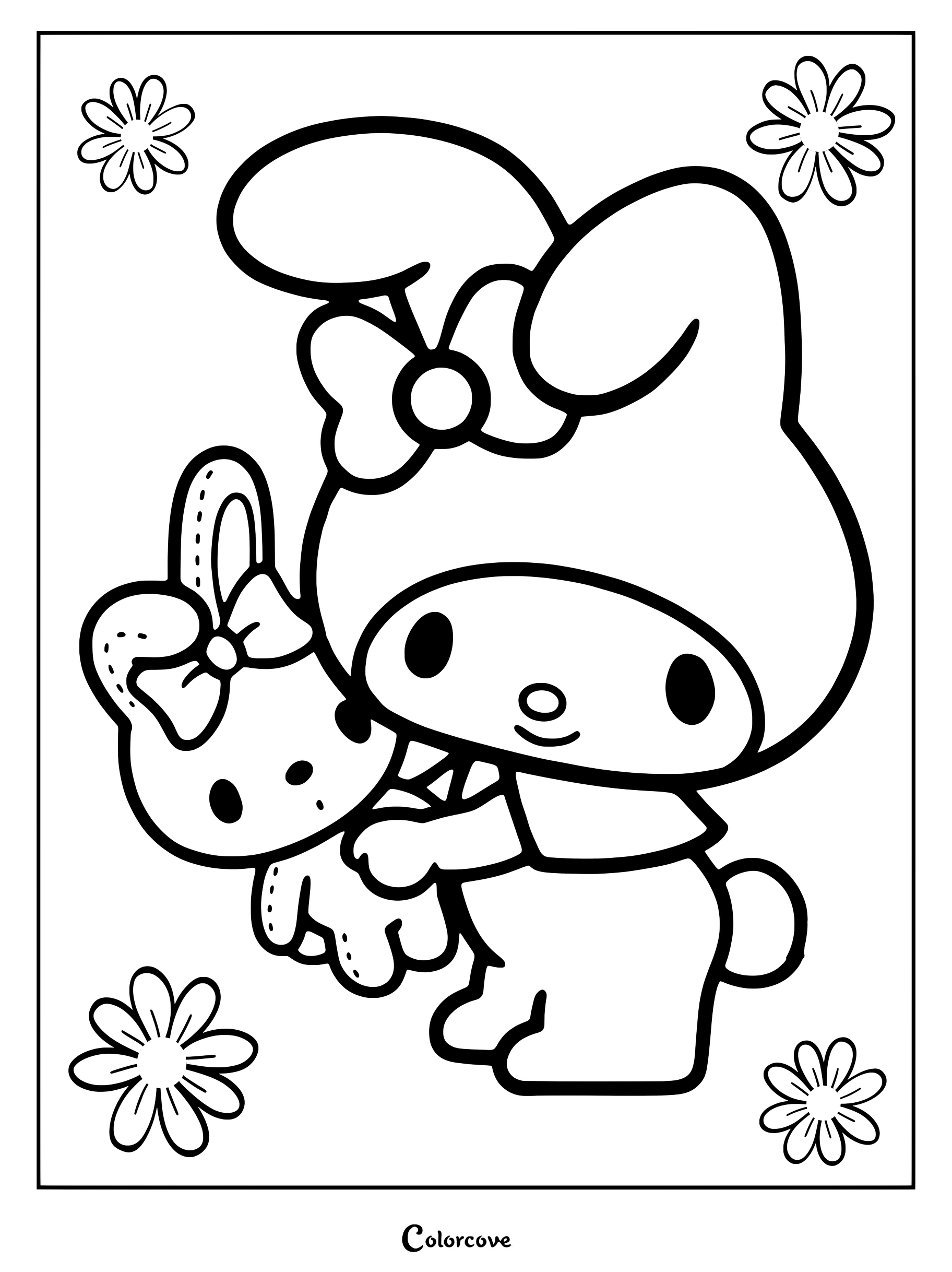 Dibujo para colorear de My Melody llevando un capuchón rosa con un lazo azul claro y sosteniendo un pequeño peluche de conejito rosa.