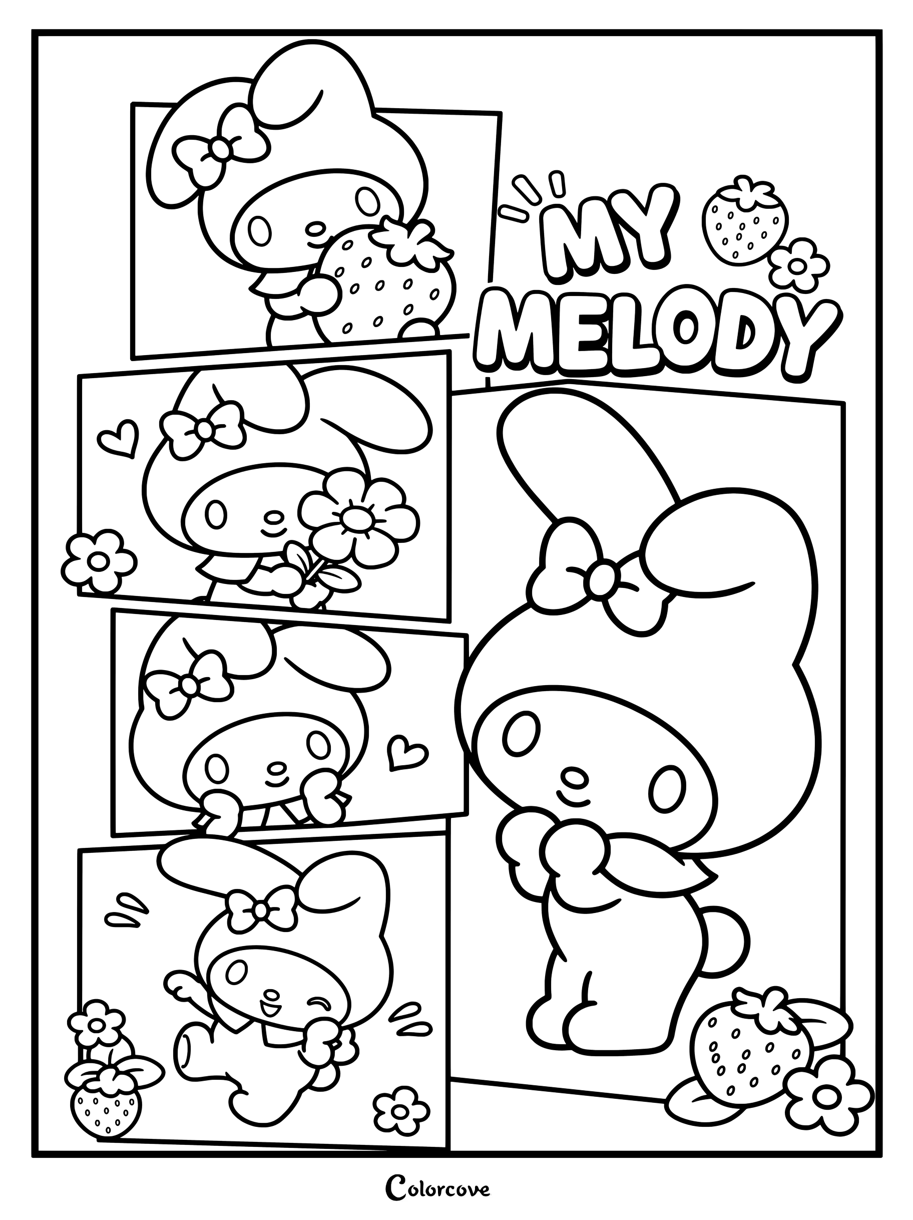 Dibujo para colorear de My Melody con varios paneles de viñetas en rosa y blanco sosteniendo una fresa y flores.
