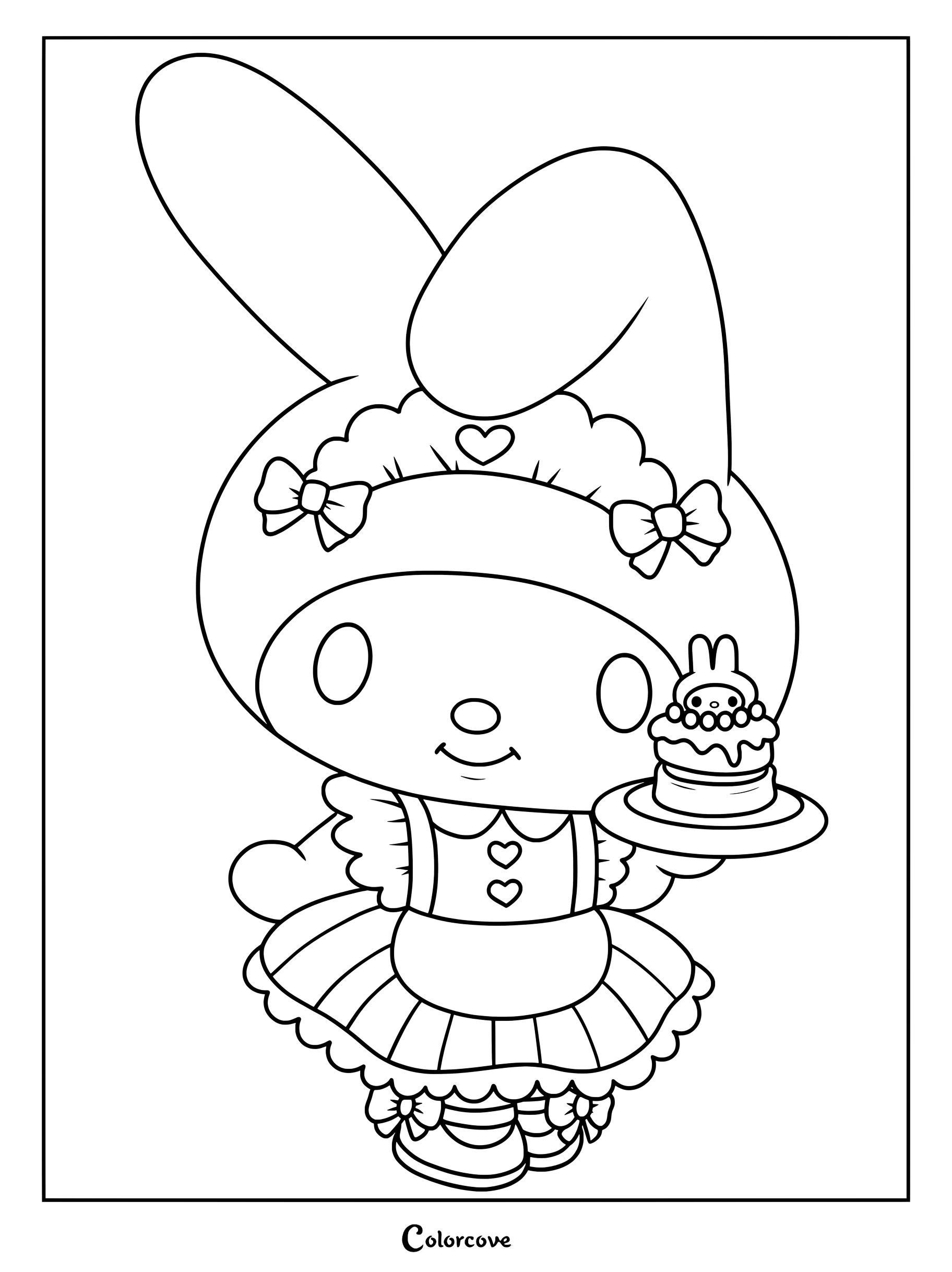 Dibujo para colorear de My Melody de Sanrio vestida con un traje de sirvienta rosa y sosteniendo un pequeño pastel.