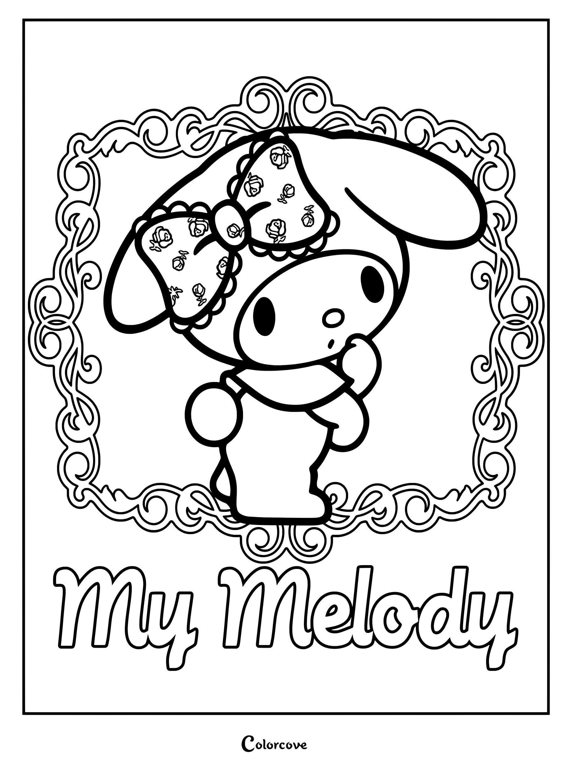 Dibujo para colorear e imprimir de My Melody, el popular personaje de coneja con capuchón rosa de Sanrio, dentro de un marco decorativo.