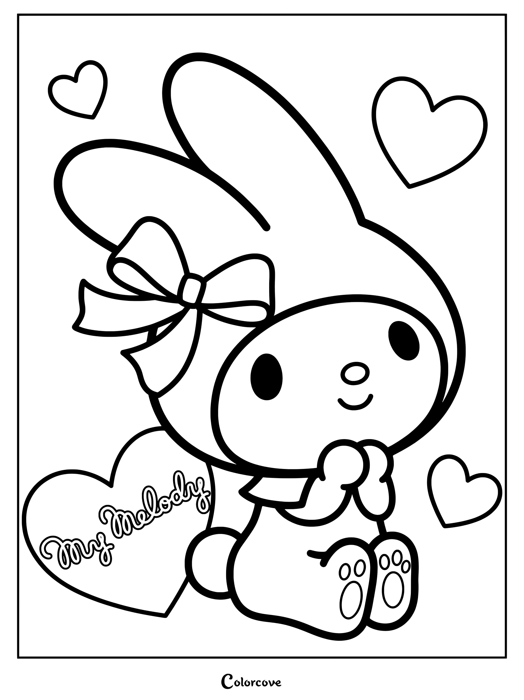 Dibujo para colorear e imprimir de My Melody, el popular personaje de coneja con capuchón rosa de Sanrio, rodeada de corazones flotantes.
