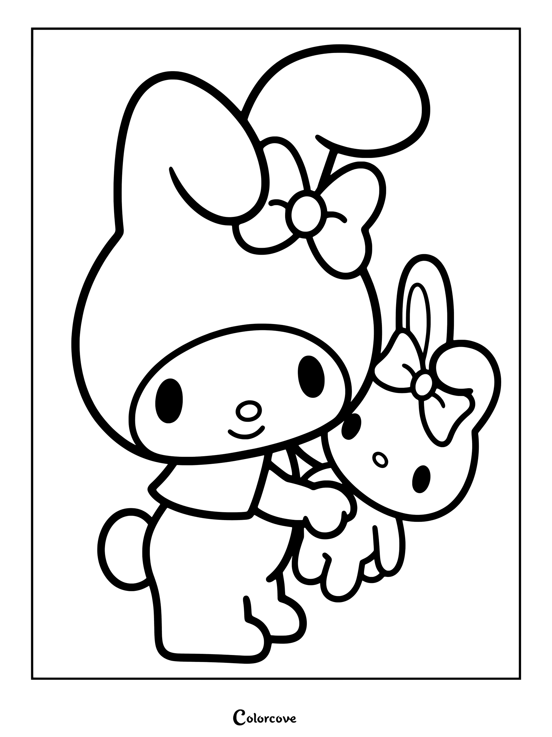 Dibujo para colorear de My Melody que muestra a la popular coneja de Sanrio sosteniendo un pequeño peluche rosa.