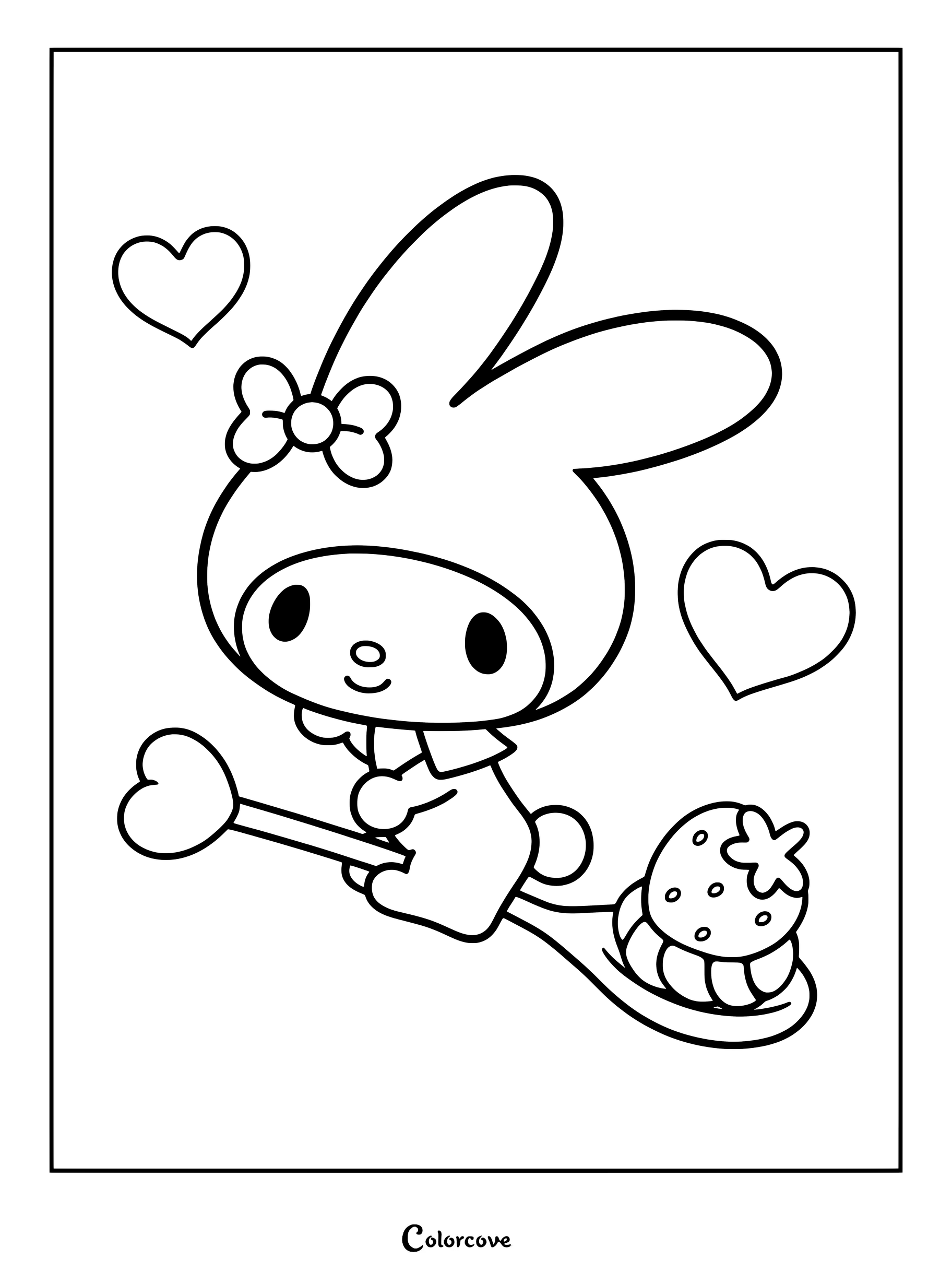 Dibujo para colorear de My Melody montada en una cuchara azul pastel con una fresa y corazones rosas flotando.