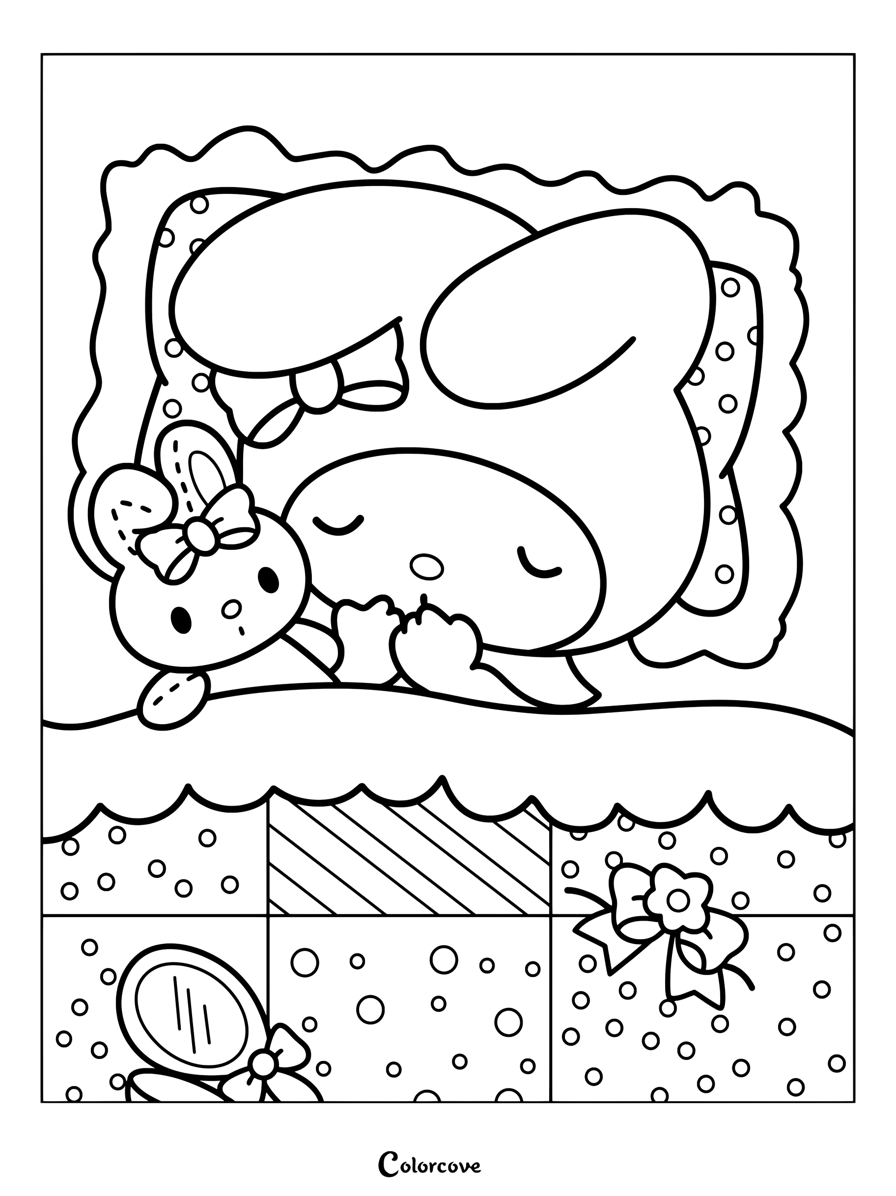 Dibujo para colorear de My Melody durmiendo plácidamente en la cama con un pequeño juguete de conejito.