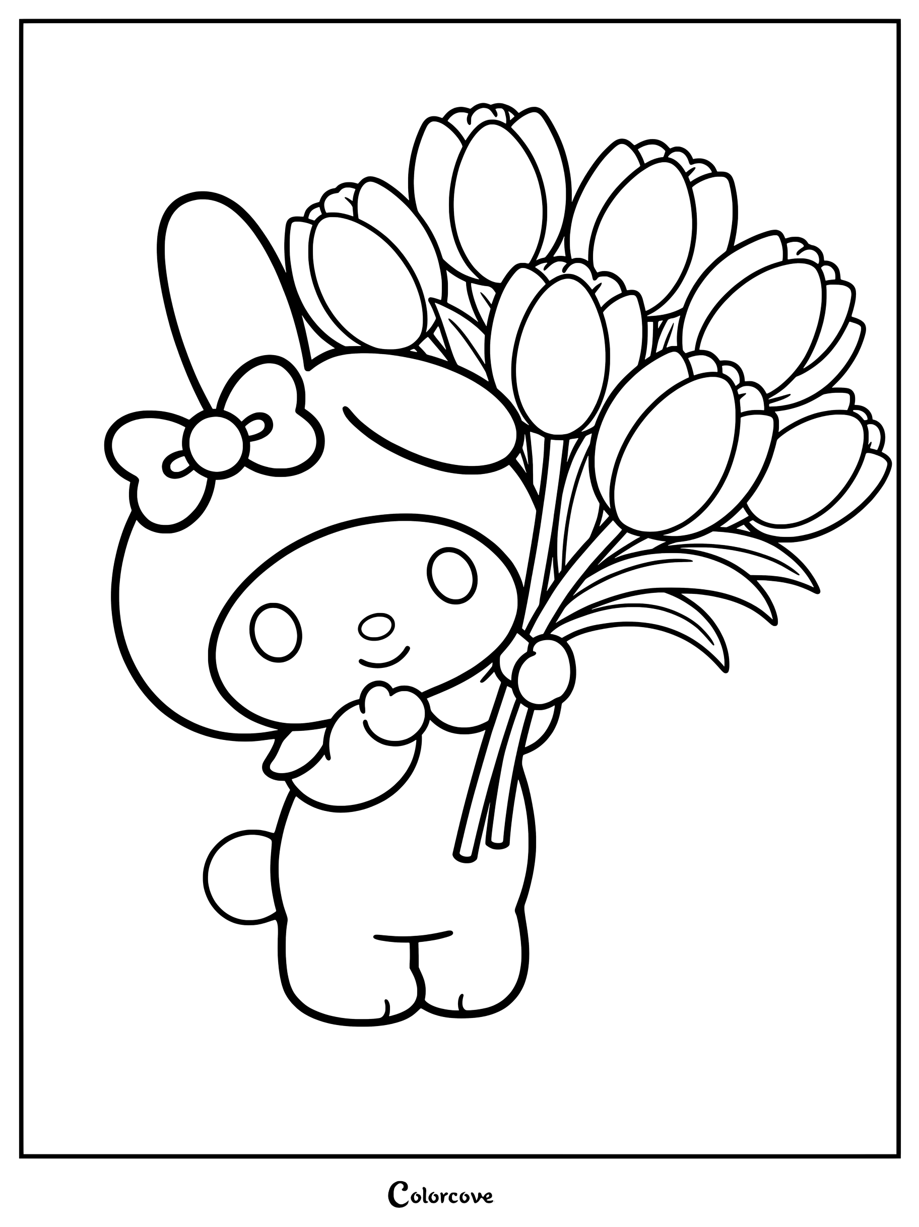 Dibujo para colorear e imprimir de My Melody sosteniendo un gran ramo de tulipanes de primavera.