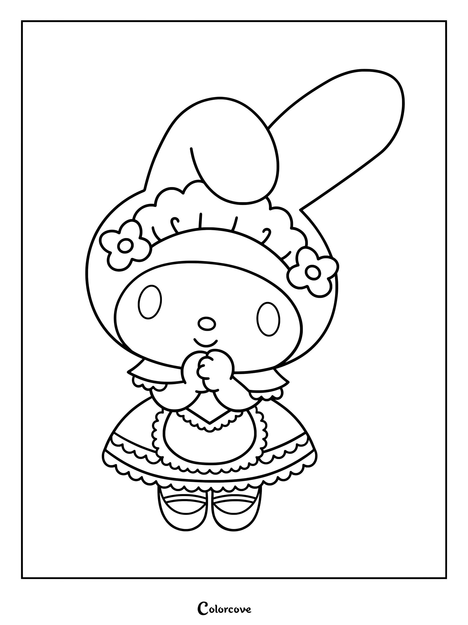 Dibujo para colorear de My Melody vestida con un adorable traje de sirvienta rosa y blanco con volantes.