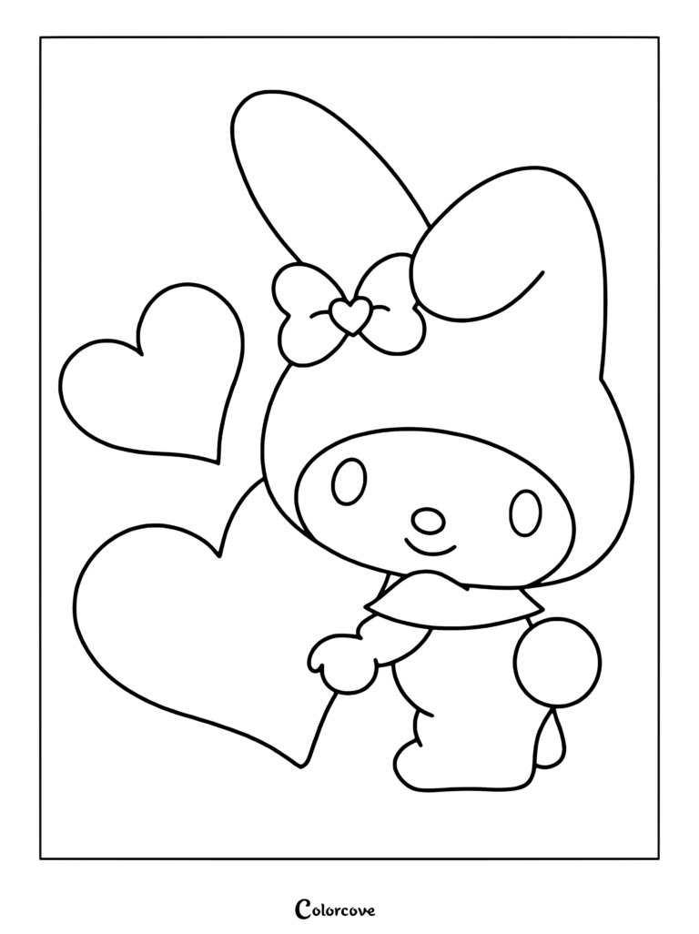 Dibujo para colorear de My Melody sosteniendo un gran corazón rosa junto a un corazón azul más pequeño.