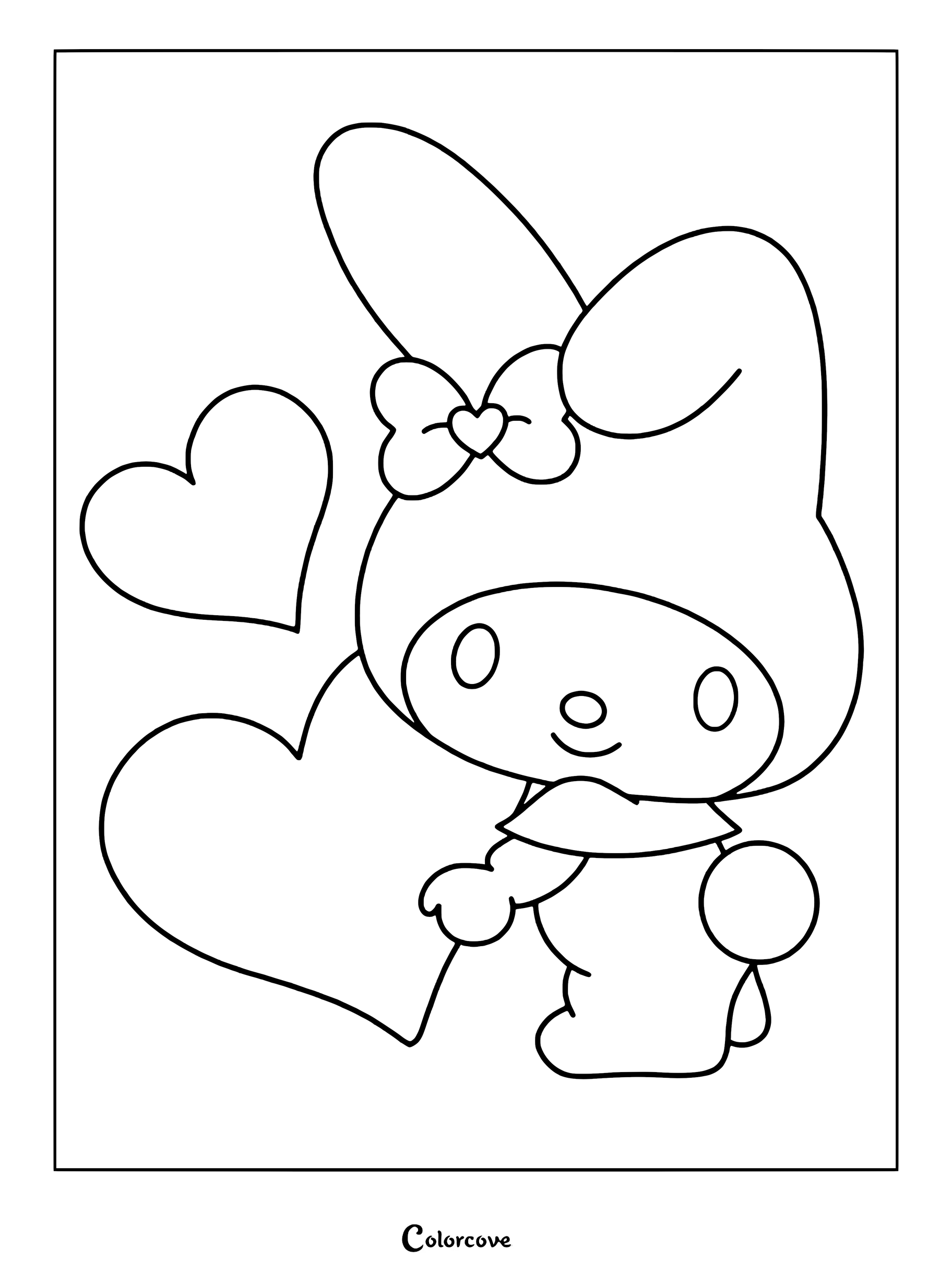 Dibujo para colorear de My Melody sosteniendo un gran corazón rosa junto a un corazón azul más pequeño.