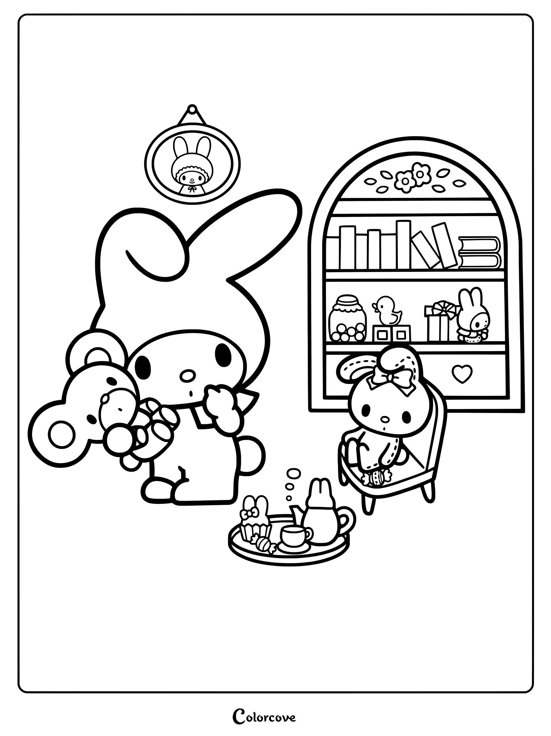 Dibujo para colorear imprimible de My Melody sosteniendo un peluche morado junto a My Sweet Piano sentada en una silla.