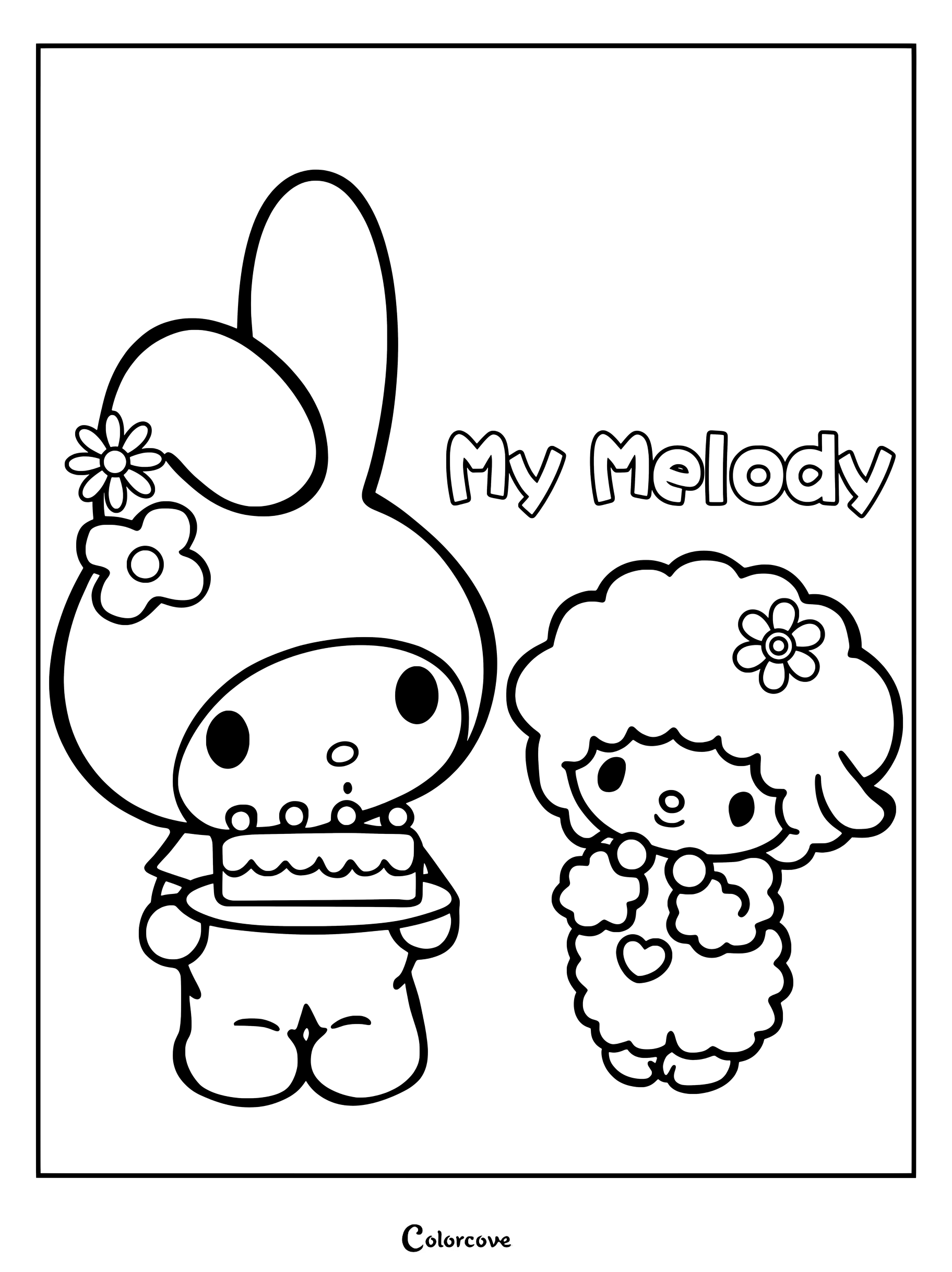 Dibujo para colorear de My Melody sosteniendo un pastelito junto a su amiga oveja My Sweet Piano.