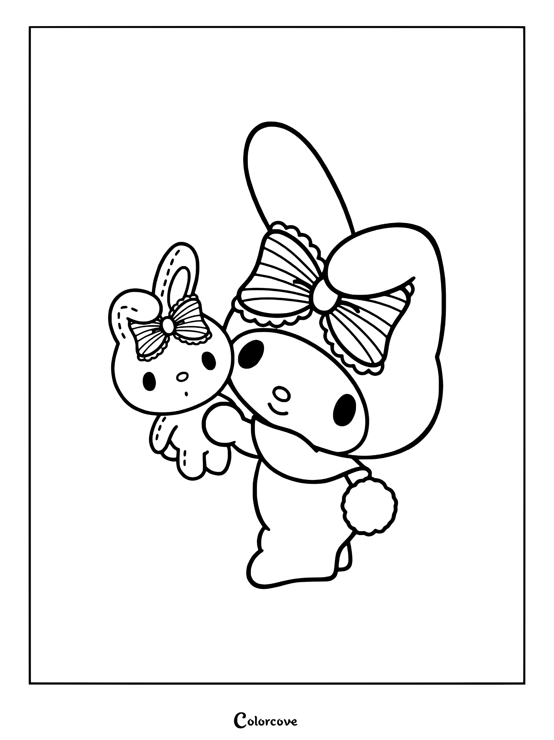 Dibujo para colorear de My Melody con el personaje de Sanrio sosteniendo un pequeño peluche de conejo rosa.