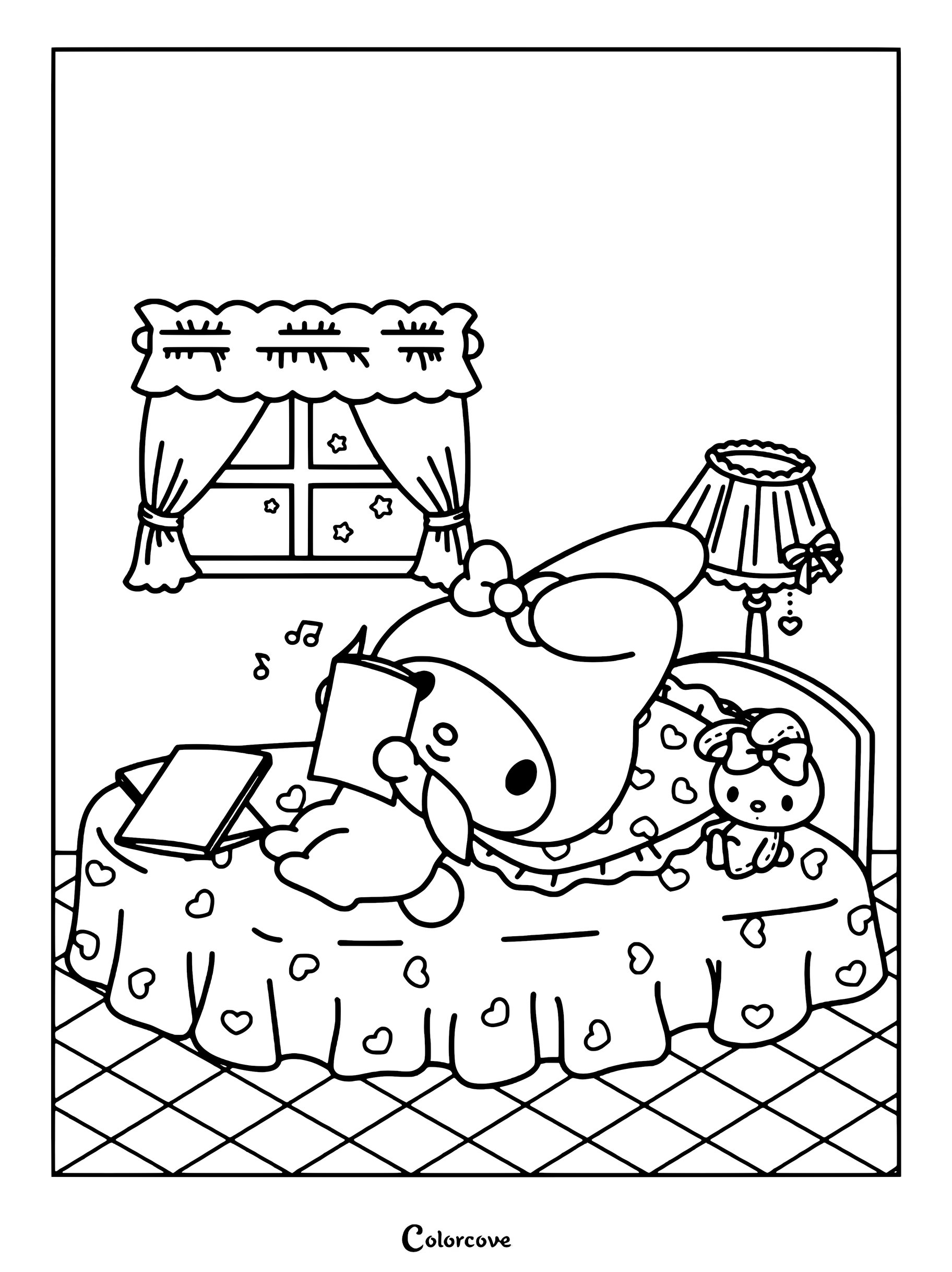 Dibujo para colorear de My Melody tumbada leyendo un libro en una acogedora habitación de tonos rosas.