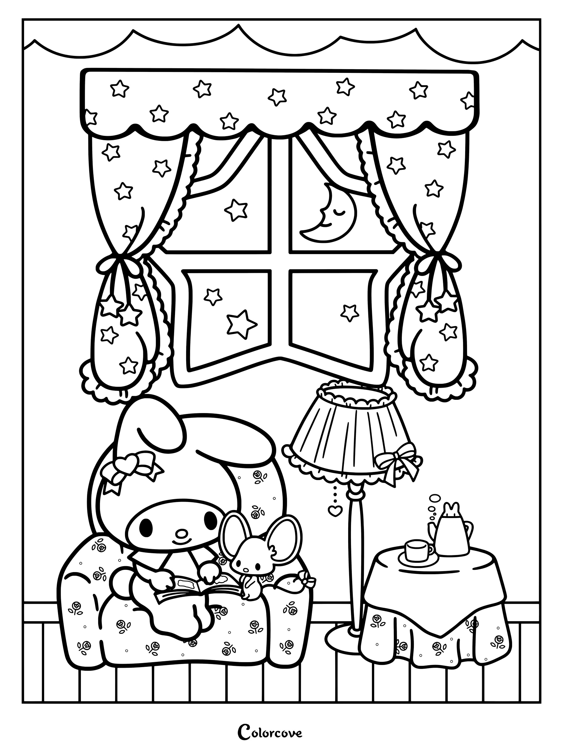 Dibujo para colorear de My Melody leyendo un libro en un sillón blanco con su amigo Flat el ratón.