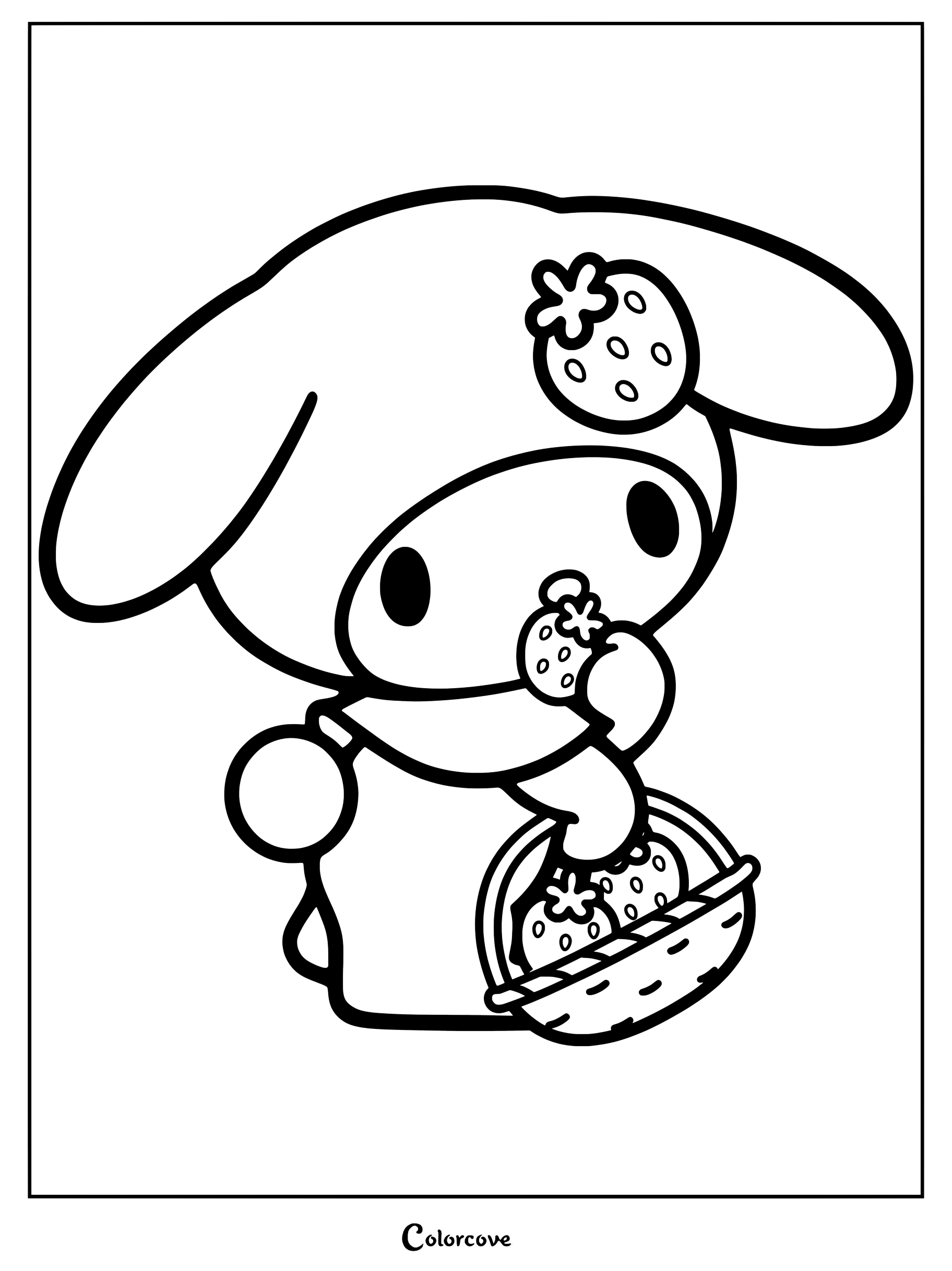 Dibujo para colorear imprimible de My Melody luciendo su icónica caperuza y sosteniendo una cesta de fresas.