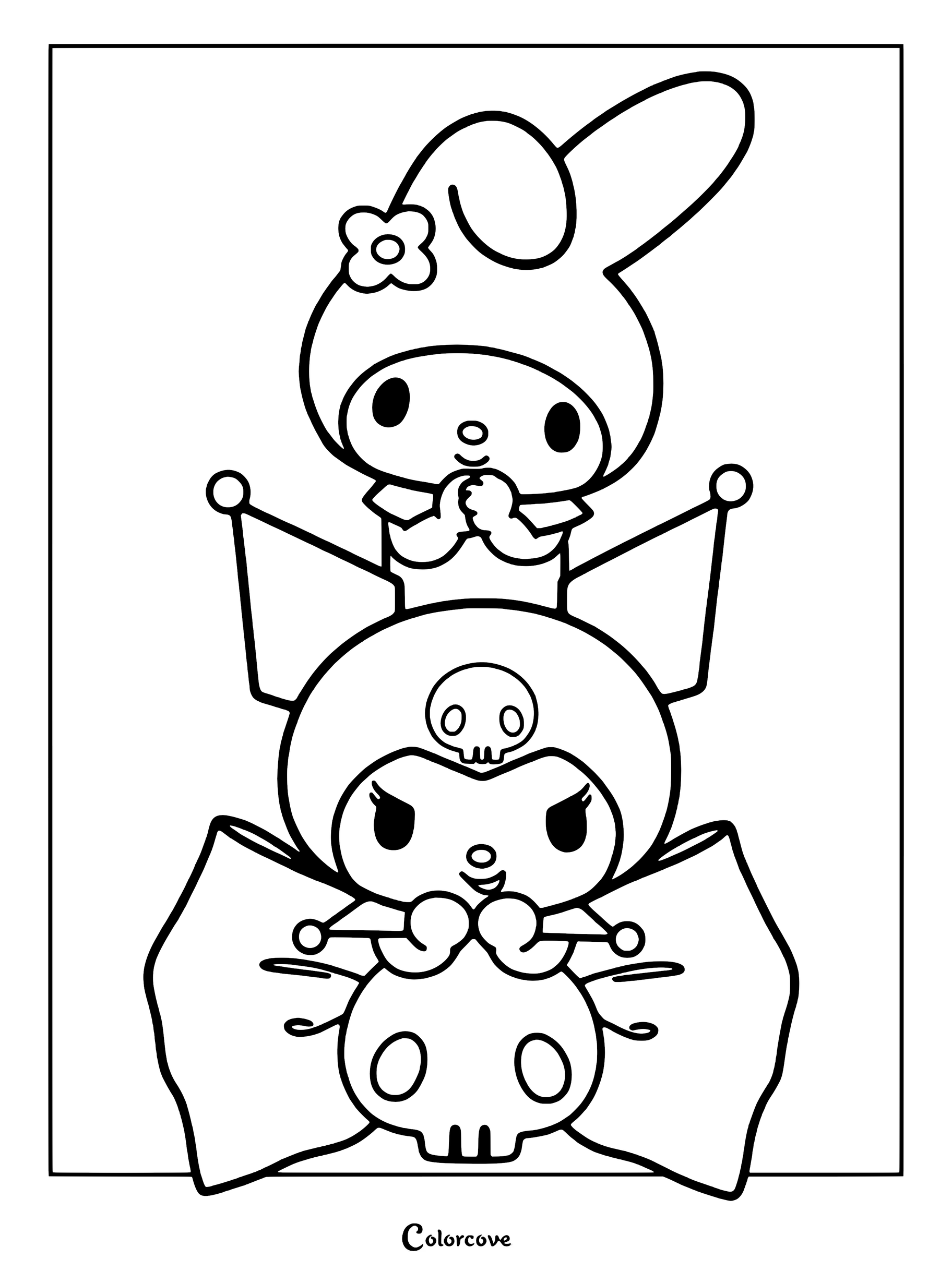 Dibujo para colorear de los personajes de Sanrio My Melody y Kuromi apiladas junto a una calavera rosa y un lazo morado claro.