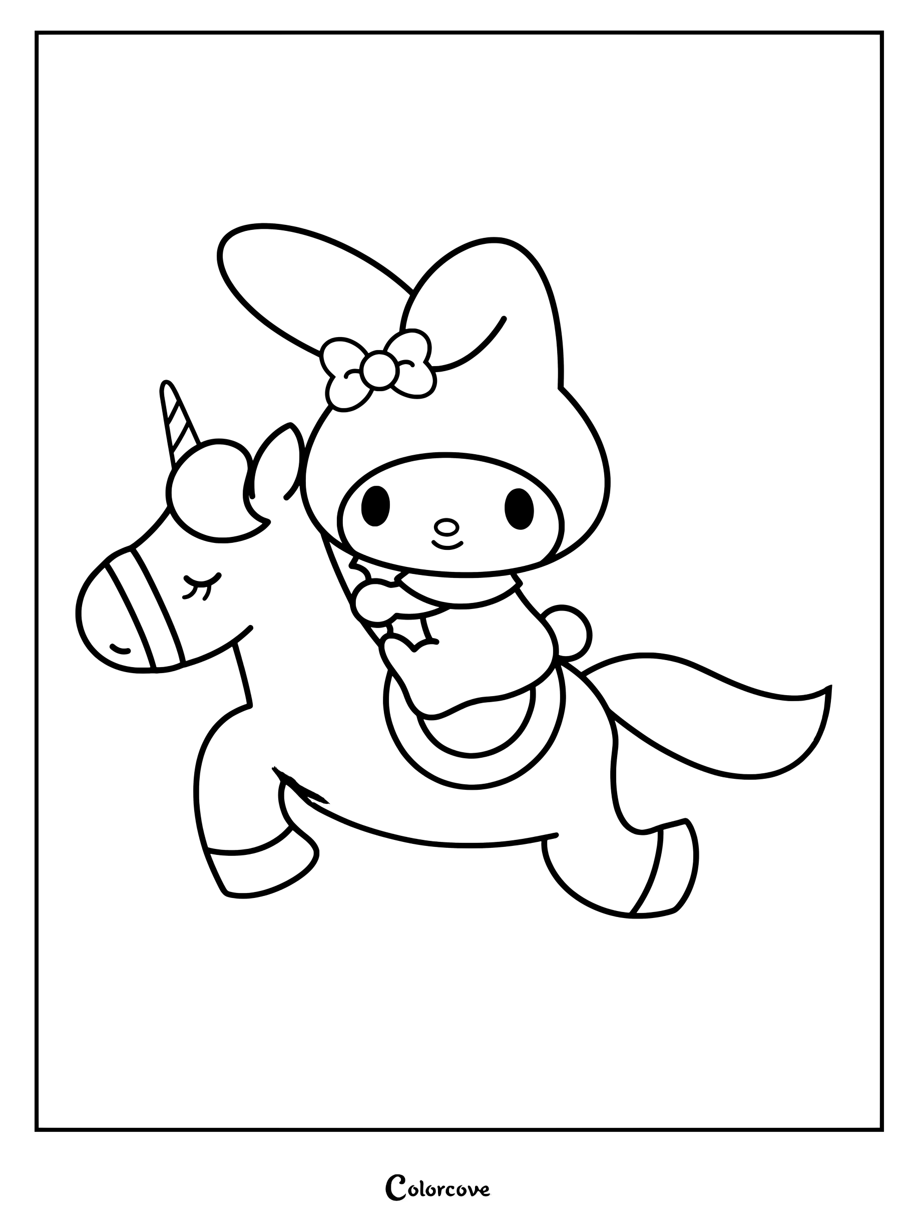 Dibujo para colorear de My Melody montando un unicornio en tonos pastel.