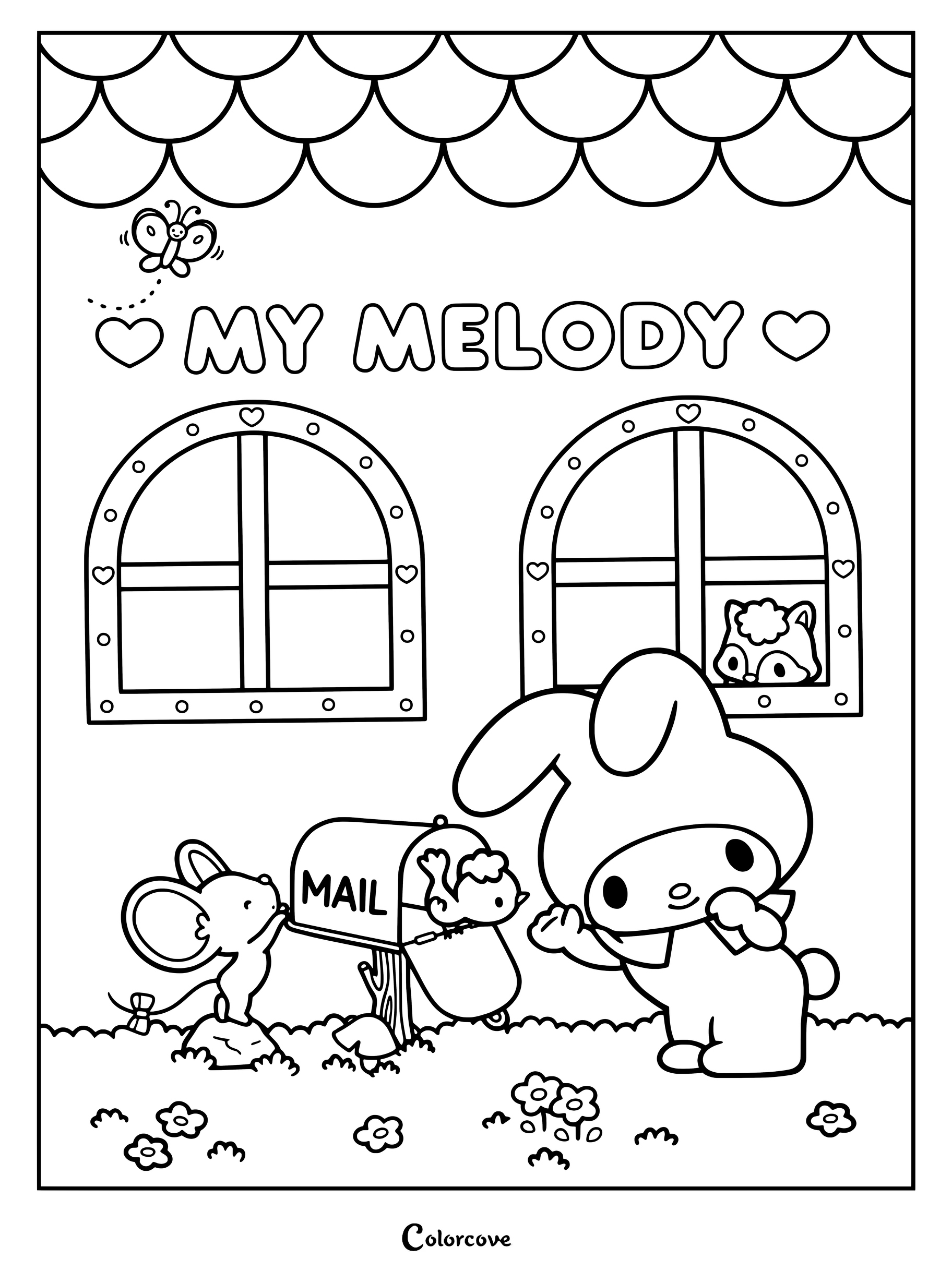 Dibujo para colorear imprimible de My Melody saludando cerca de un buzón rosa con un ratoncito azul y sus amigos.