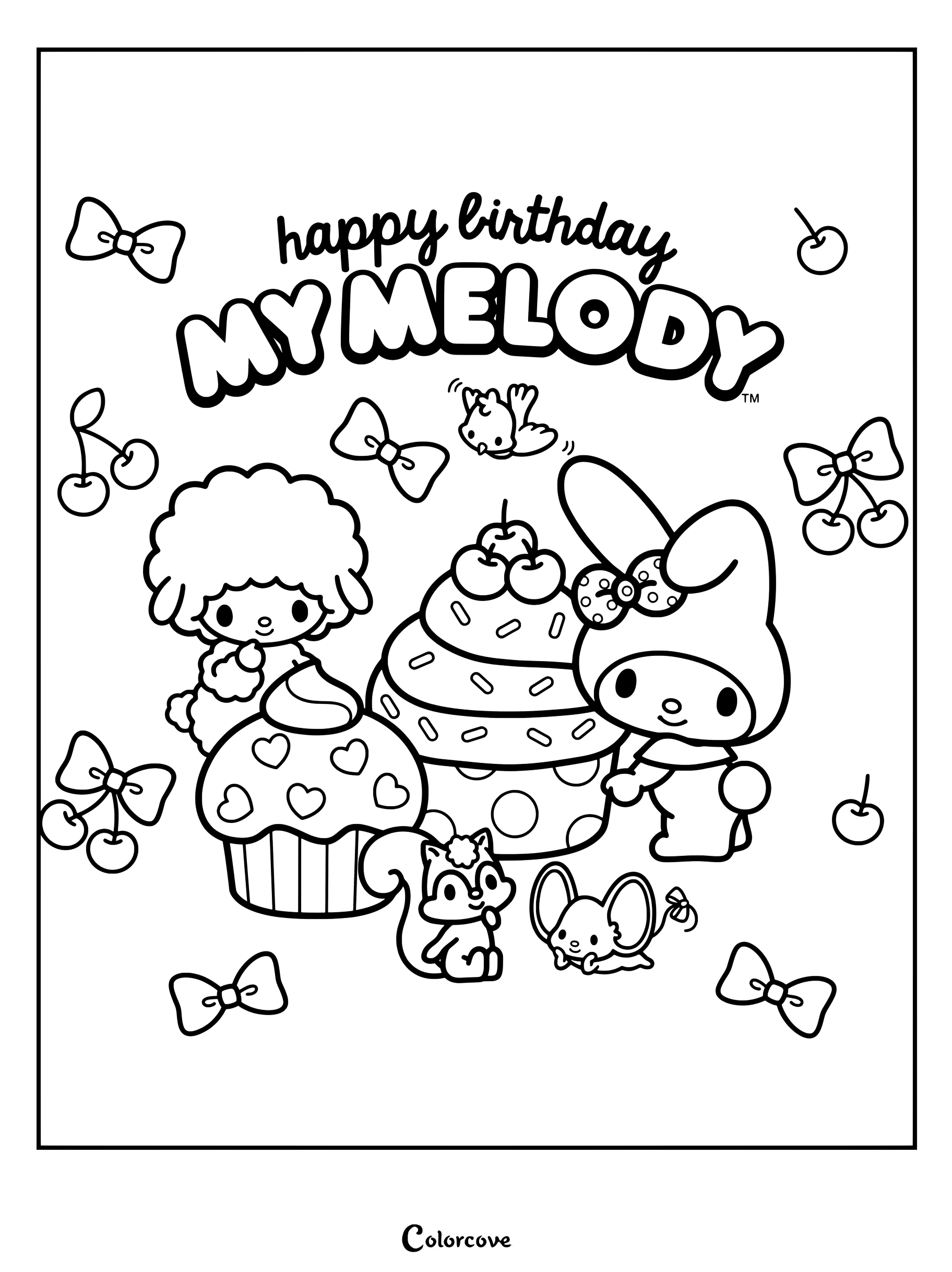Un alegre dibujo para colorear de cumpleaños de My Melody con tiernos amigos, una gran magdalena decorada, cerezas y lazos.