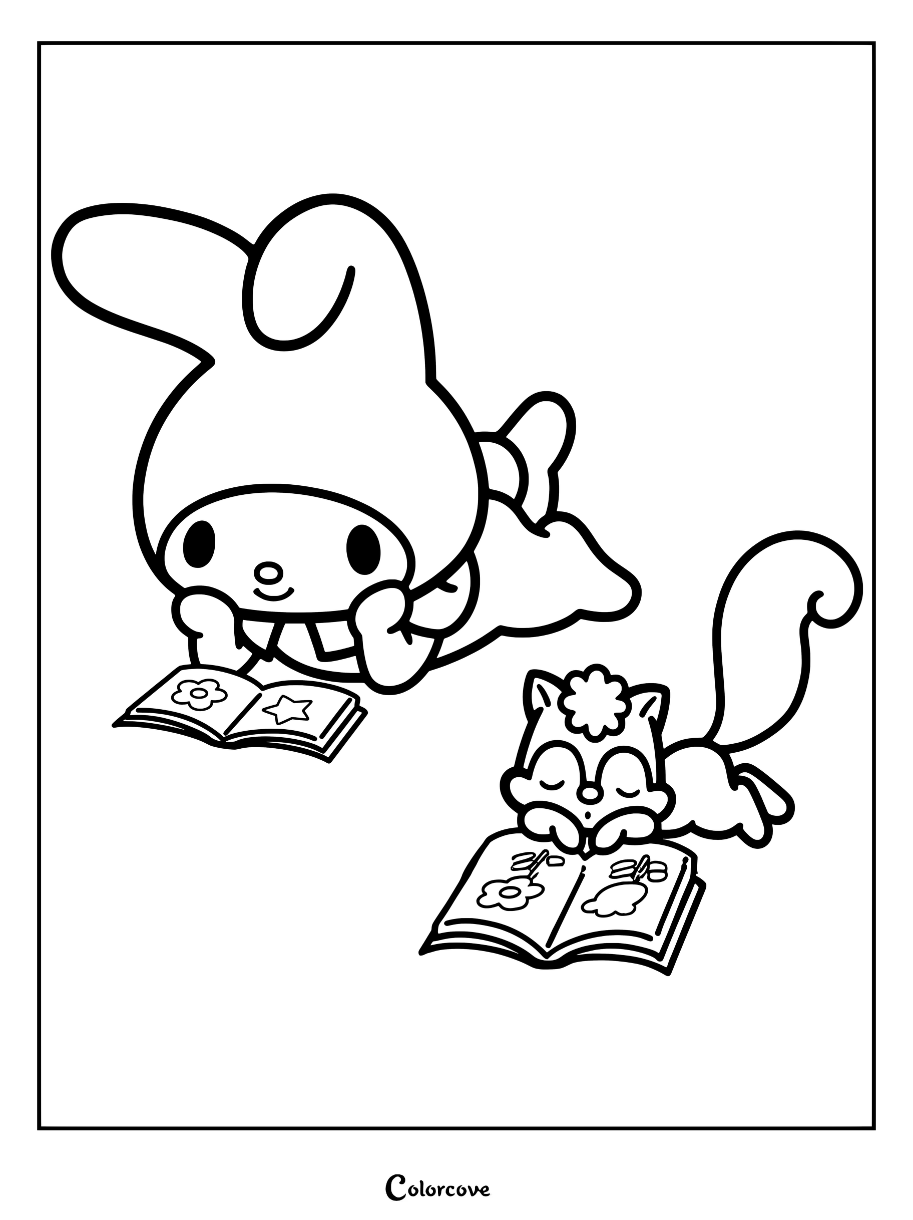 Dibujo para colorear imprimible de My Melody tumbada leyendo un libro junto a su amiga ardilla, Risu.
