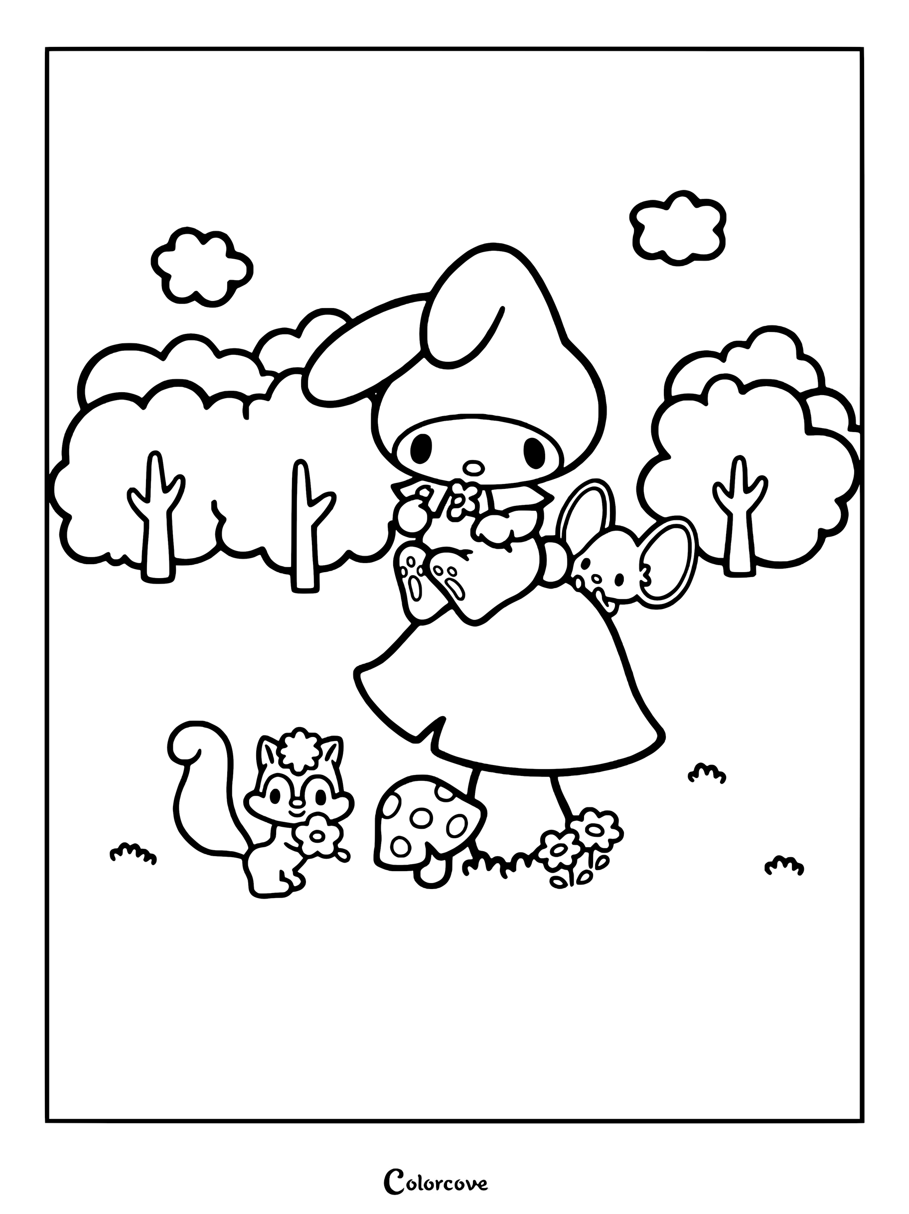 Dibujo para colorear imprimible de My Melody de pie en un bosque junto a una ardillita y su amigo ratón.