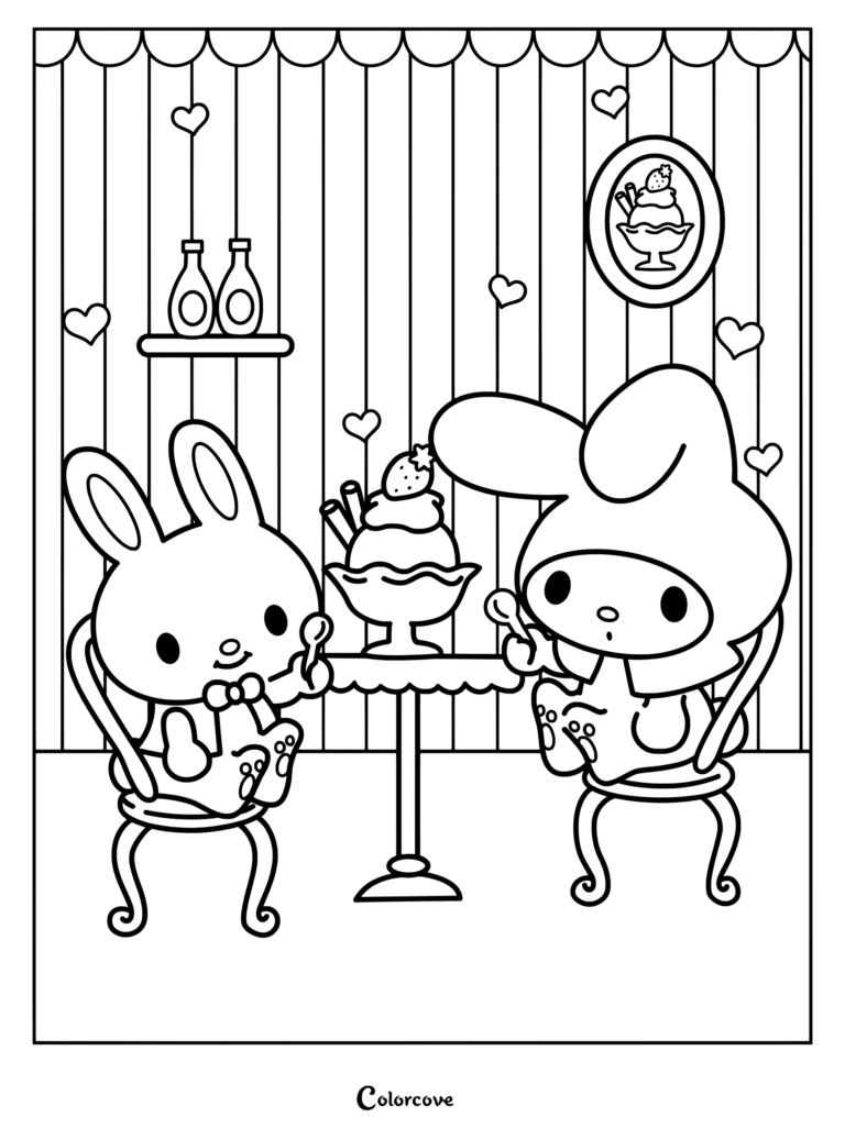 Dibujo para colorear de My Melody y su hermano pequeño Rhythm disfrutando juntos de un dulce en una mesa.